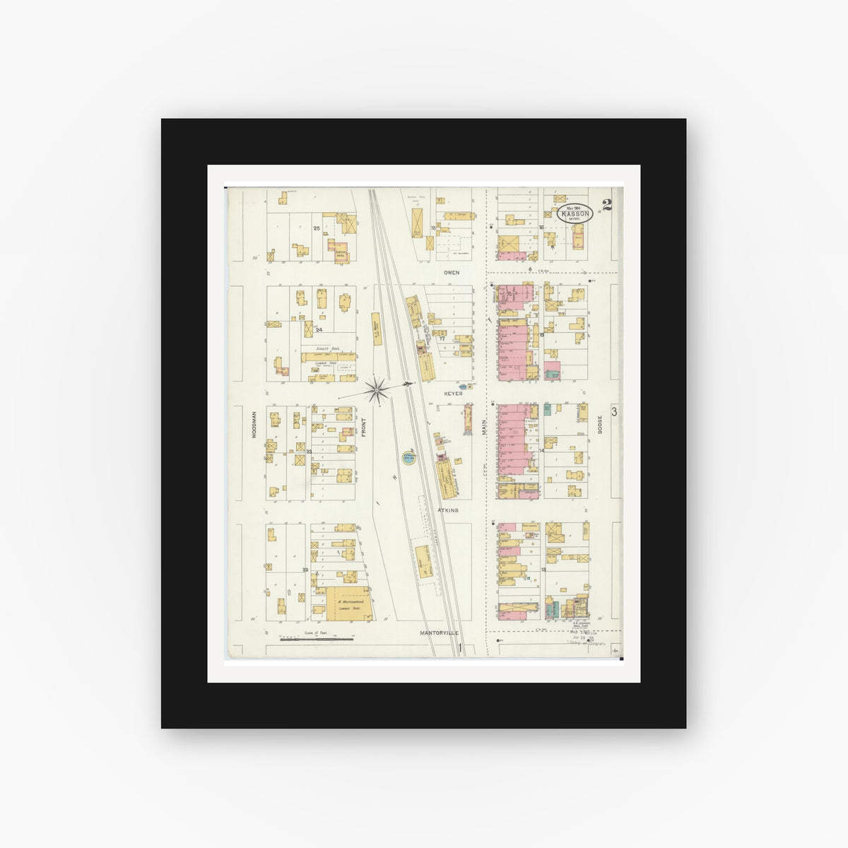 Old map wall art mockup — black gallery frame with white mat — Sanborn Fire Insurance Map from Kasson, Dodge County, Minnesota (1904), Sheet #0002