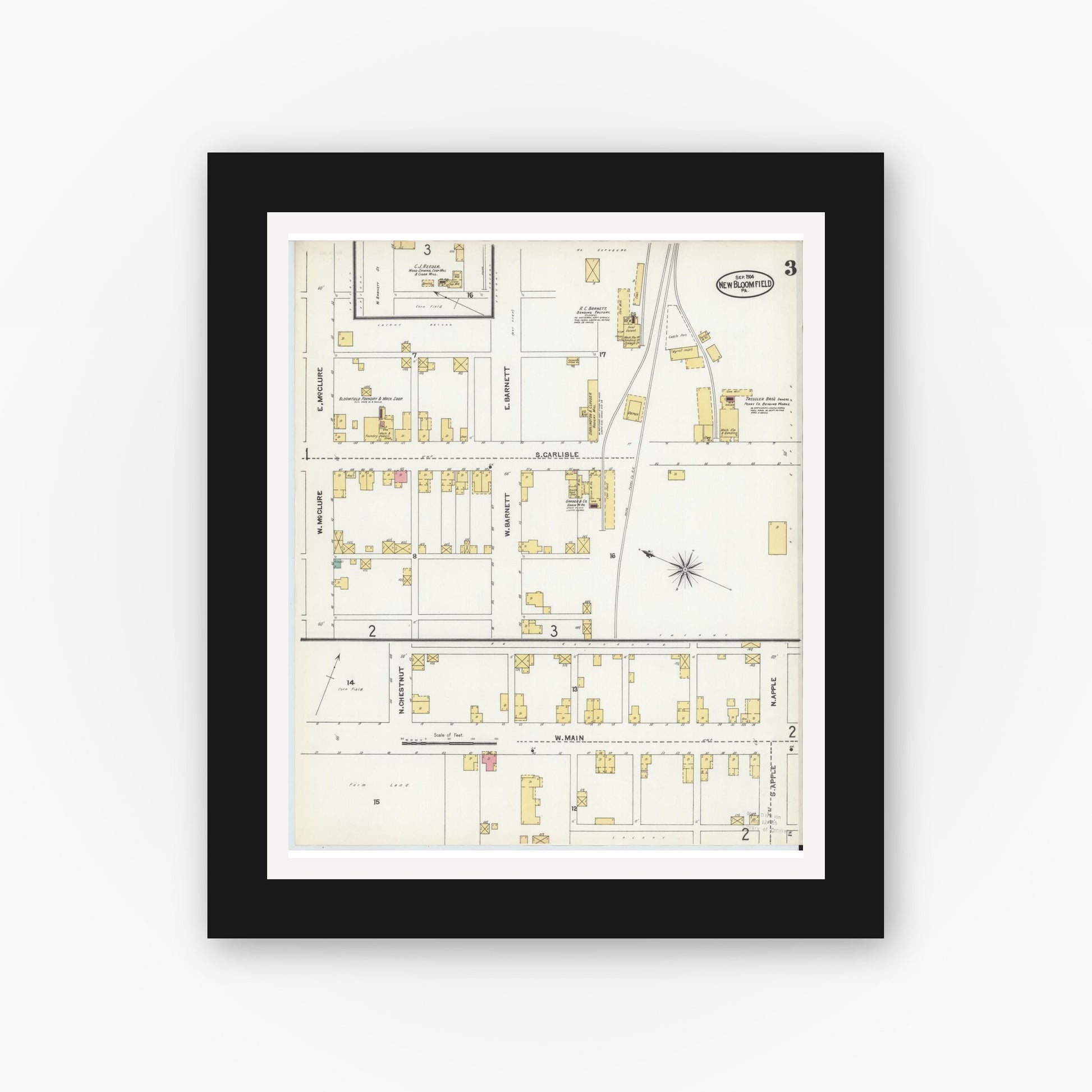 Old map wall art mockup — black gallery frame with white mat — Sanborn Fire Insurance Map from New Bloomfield, Perry County, Pennsylvania (1904), Sheet #0003