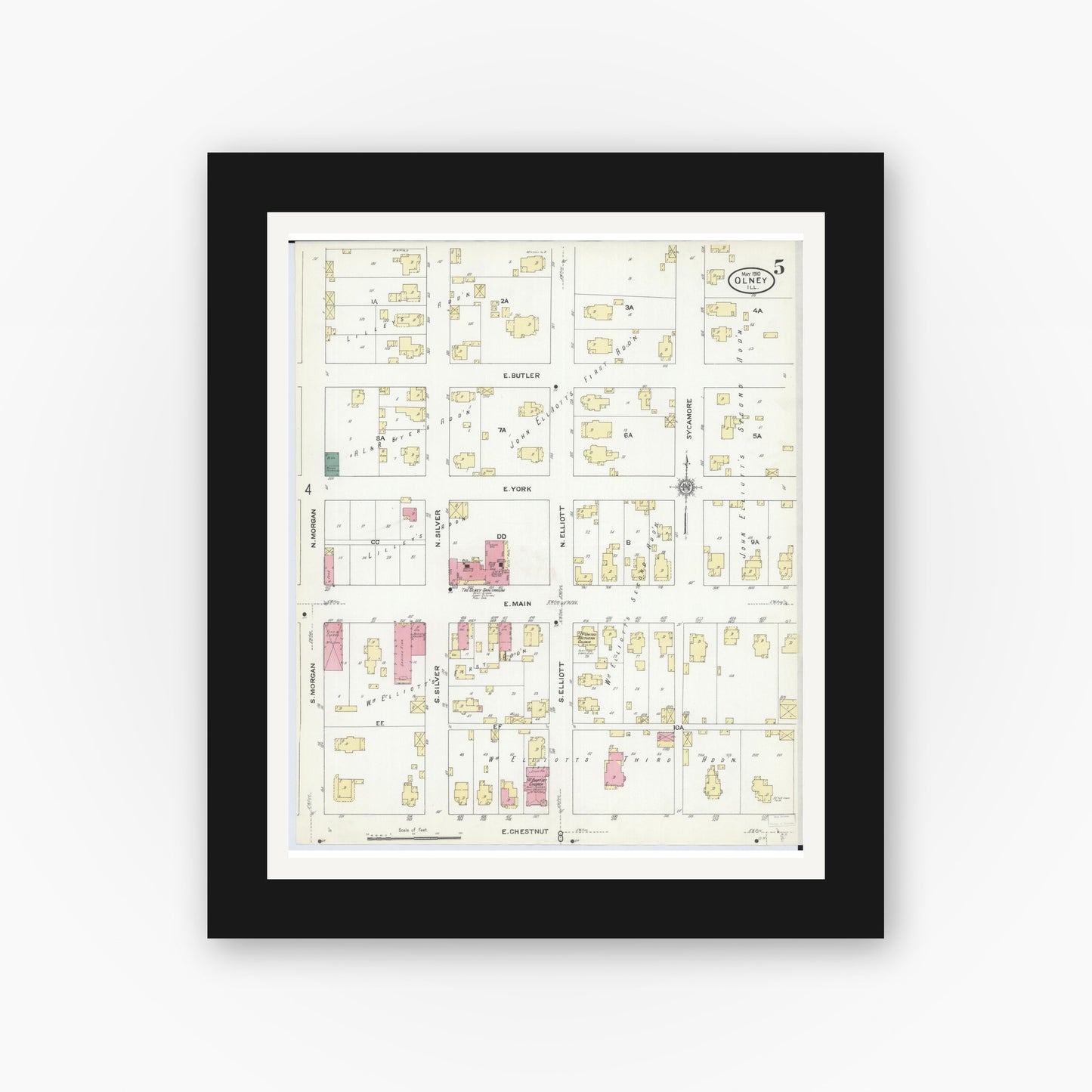 Old map wall art mockup — black gallery frame with white mat — Sanborn Fire Insurance Map from Olney, Richland County, Illinois (1910), Sheet #0005