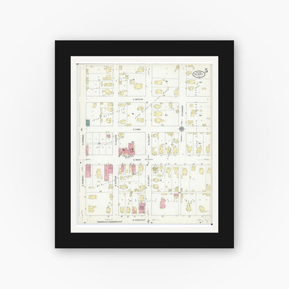 Old map wall art mockup — black gallery frame with white mat — Sanborn Fire Insurance Map from Olney, Richland County, Illinois (1910), Sheet #0005