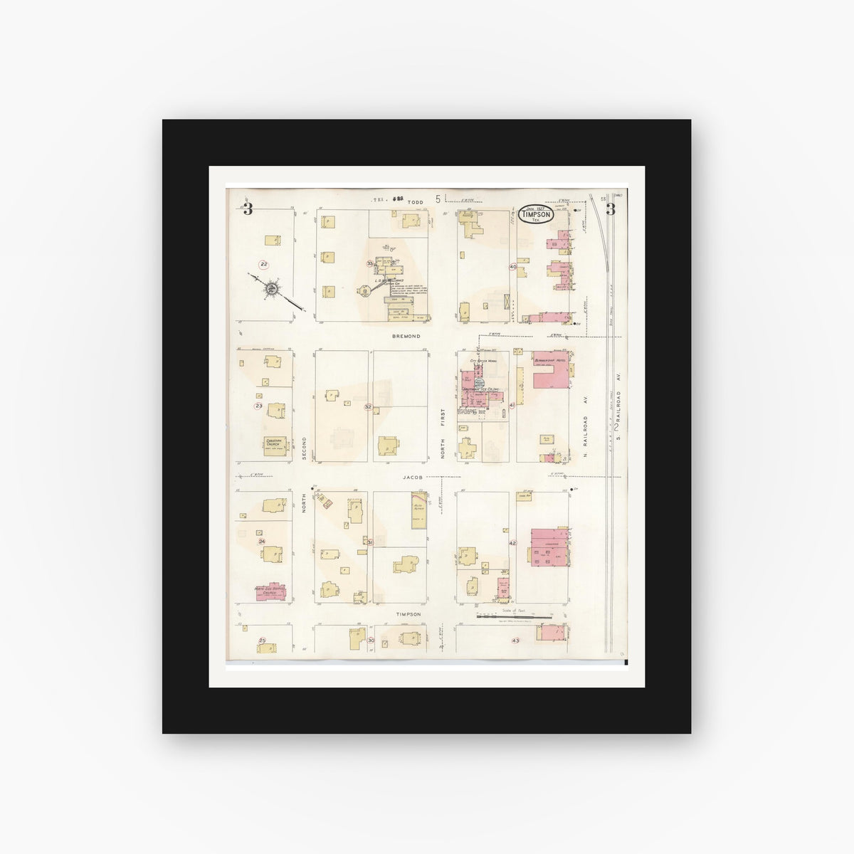 Old map wall art mockup — black gallery frame with white mat — Sanborn Fire Insurance Map from Timpson, Shelby County, Texas (1941), Sheet #0003