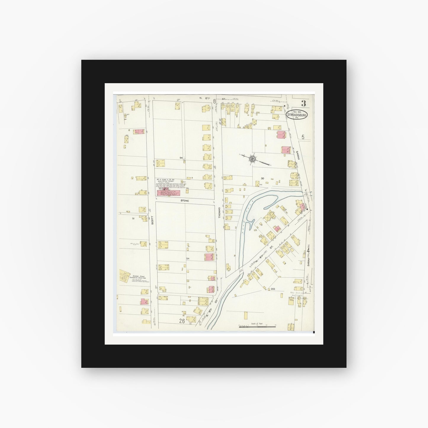 Old map wall art mockup — black gallery frame with white mat — Sanborn Fire Insurance Map from Stroudsburg, Monroe County, Pennsylvania (1912), Sheet #0003