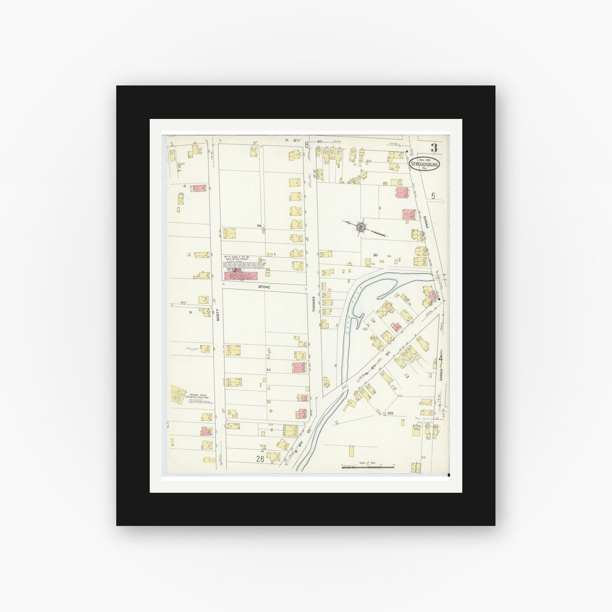 Old map wall art mockup — black gallery frame with white mat — Sanborn Fire Insurance Map from Stroudsburg, Monroe County, Pennsylvania (1912), Sheet #0003