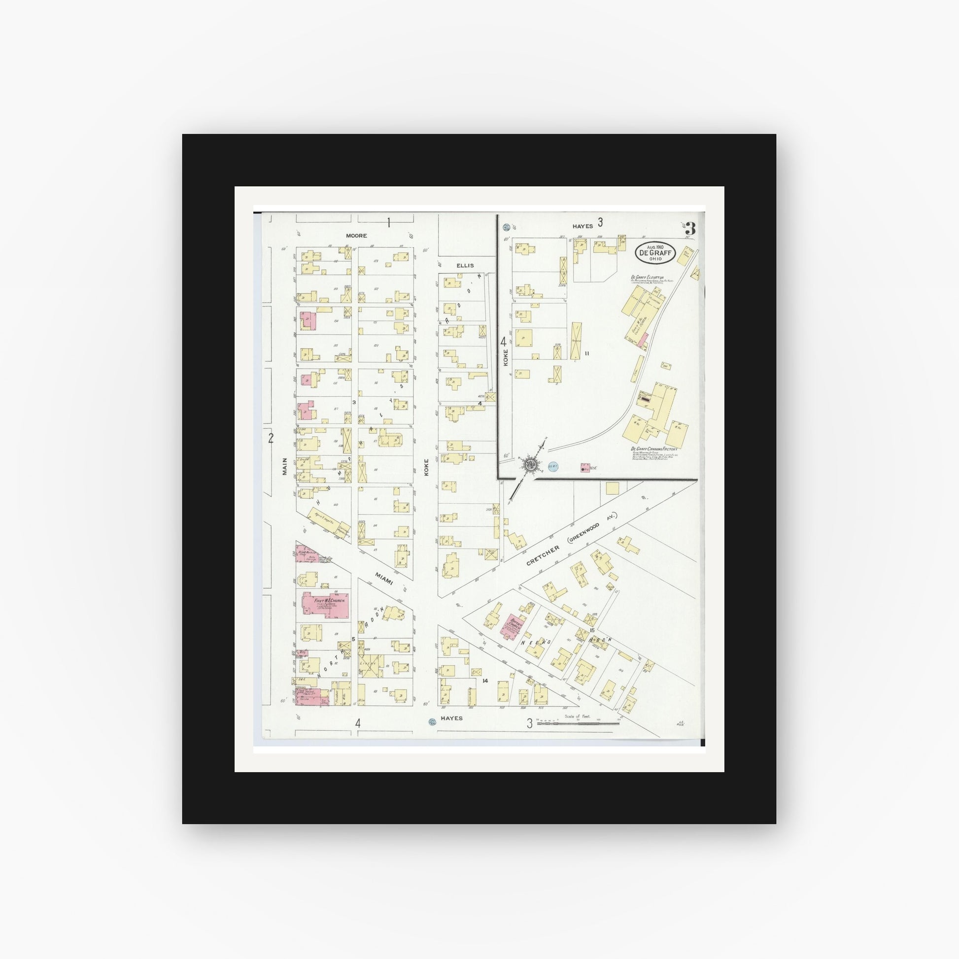 Old map wall art mockup — black gallery frame with white mat — Sanborn Fire Insurance Map from Degraff, Logan County, Ohio (1910), Sheet #0003