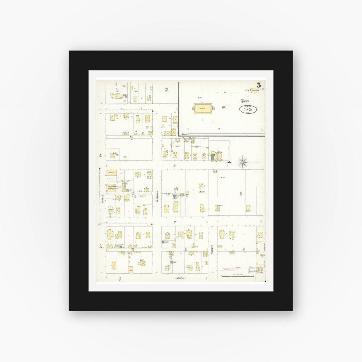 Old map wall art mockup — black gallery frame with white mat — Sanborn Fire Insurance Map from Dixon, Solano County, California (1900), Sheet #0005