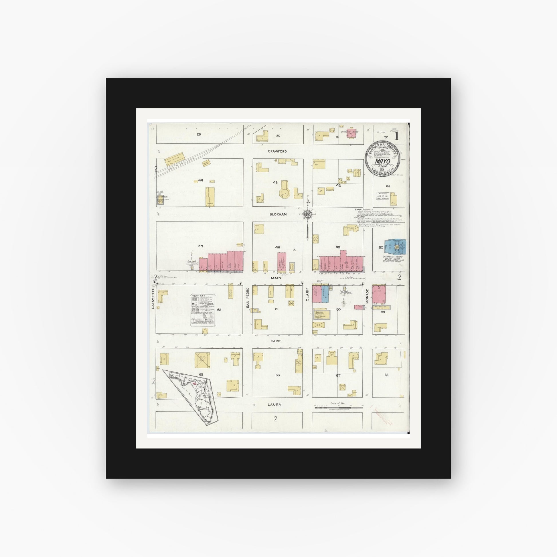 Old map wall art mockup — black gallery frame with white mat — Sanborn Fire Insurance Map from Mayo, Lafayette County, Florida (1917) - Complete Map Set