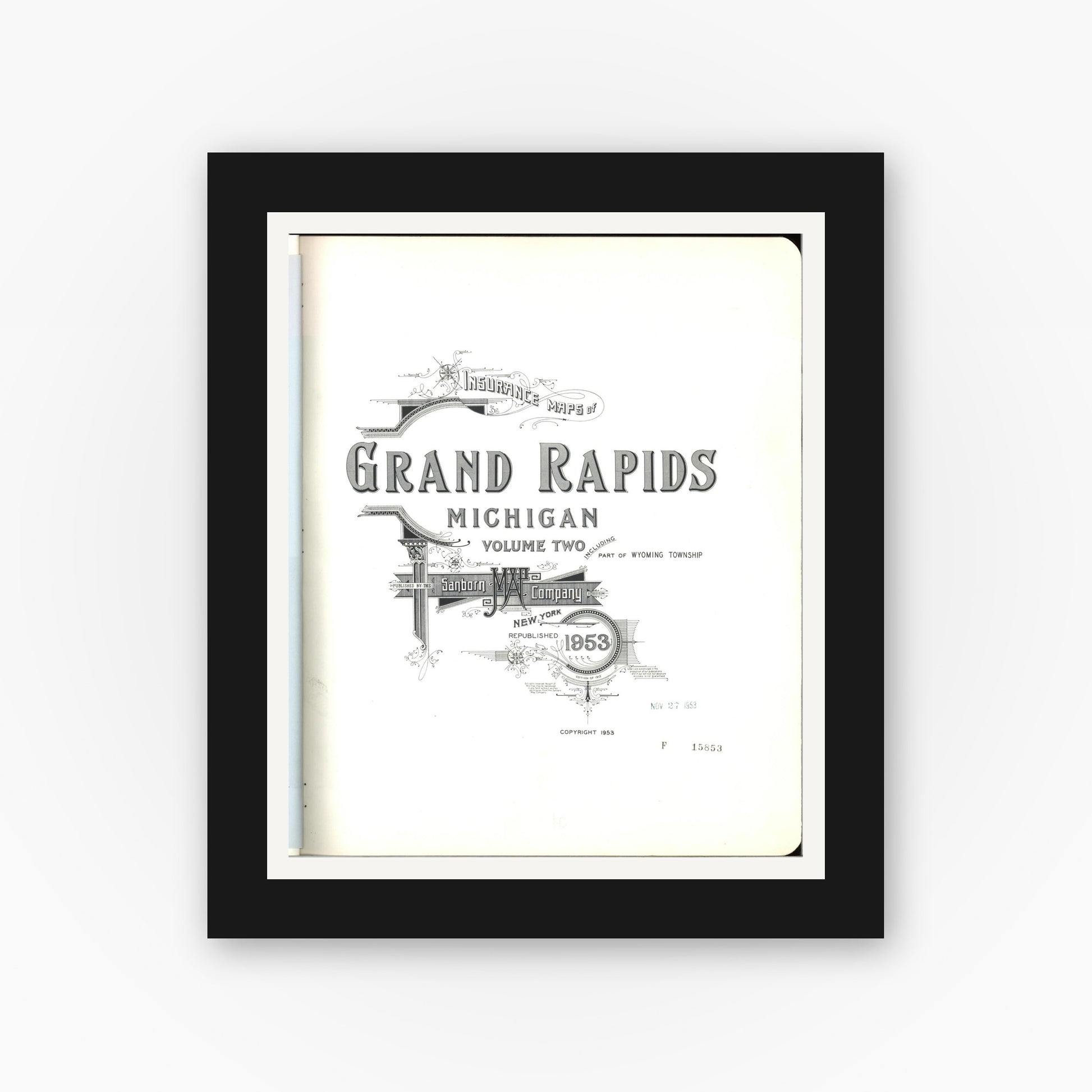 Old map wall art mockup — black gallery frame with white mat — Sanborn Fire Insurance Map from Grand Rapids, Kent County, Michigan (1953), Sheet #0001