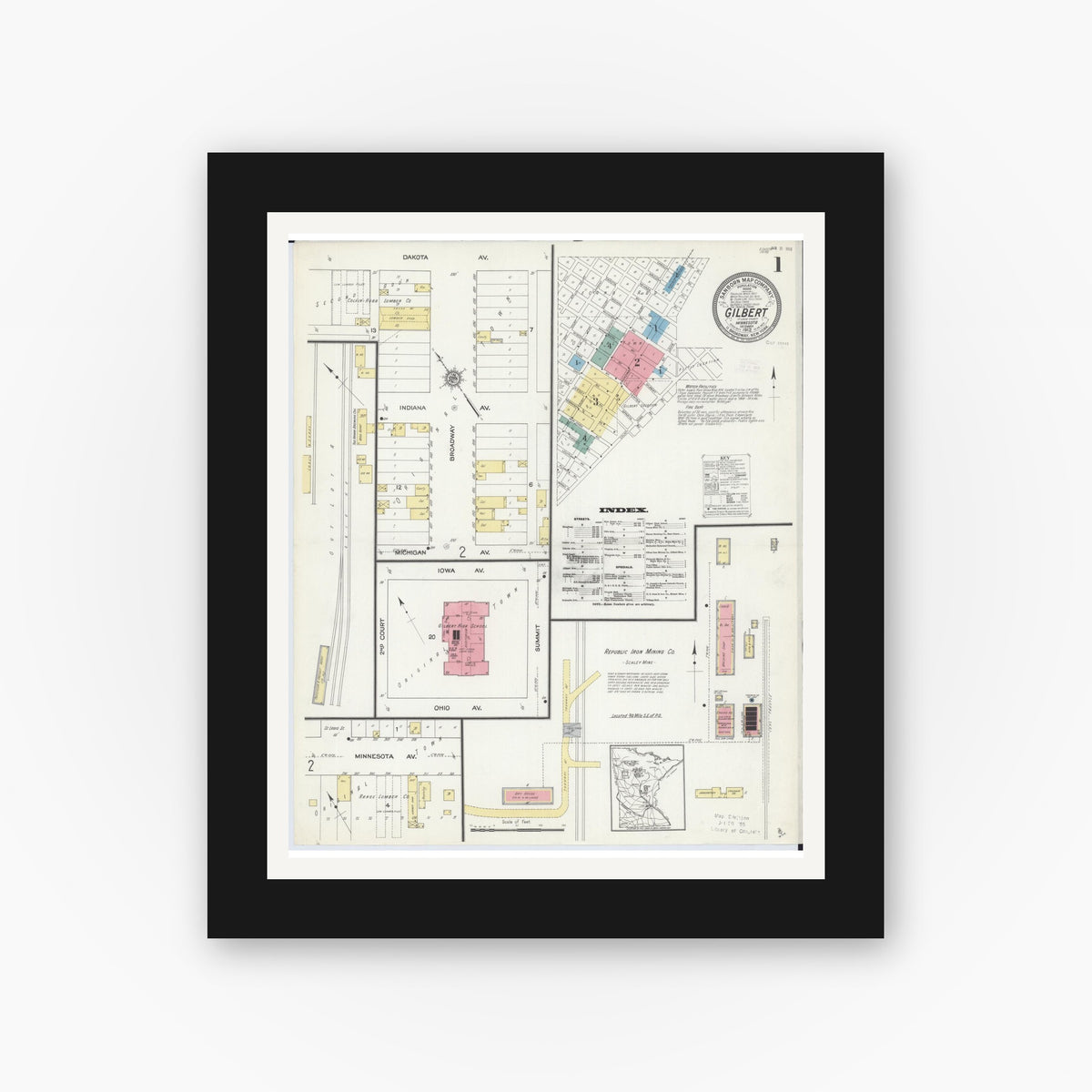Old map wall art mockup — black gallery frame with white mat — Sanborn Fire Insurance Map from Gilbert, Saint Louis County, Minnesota (1912) - Complete Map Set