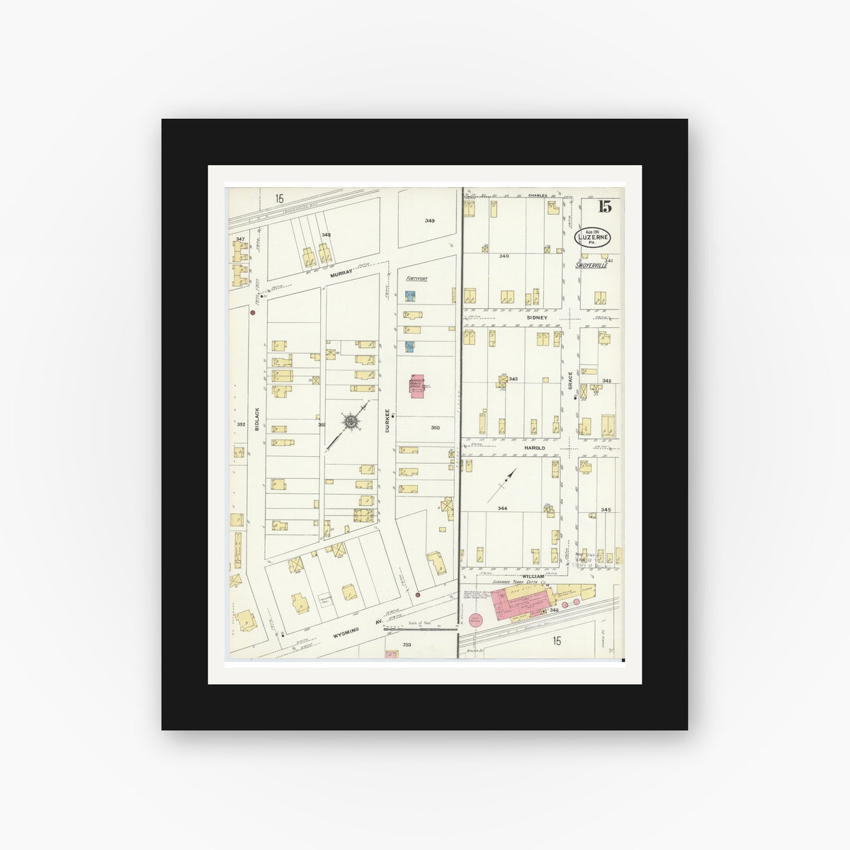 Old map wall art mockup — black gallery frame with white mat — Sanborn Fire Insurance Map from Luzerne, Luzerne County, Pennsylvania (1911), Sheet #0015