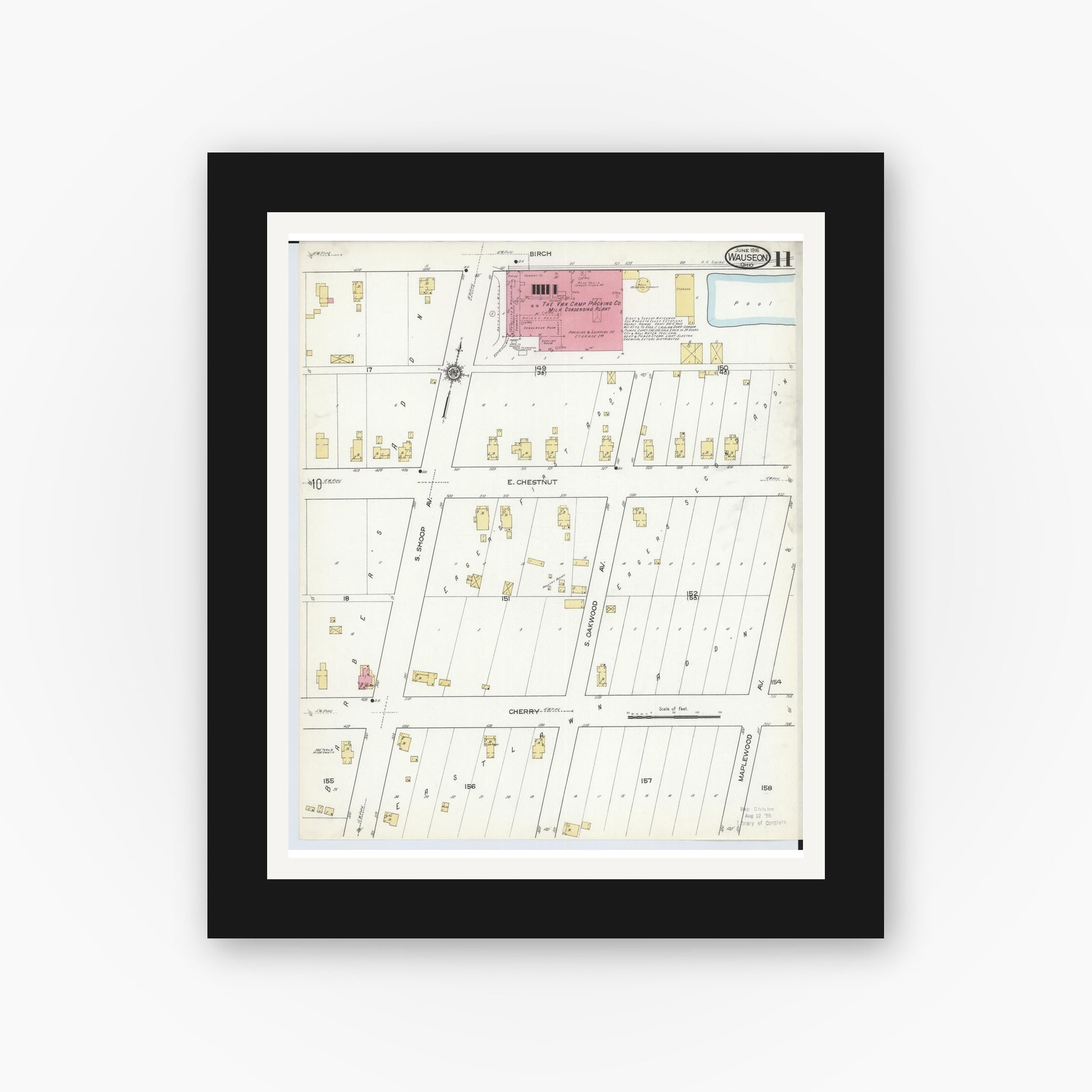 Old map wall art mockup — black gallery frame with white mat — Sanborn Fire Insurance Map from Wauseon, Fulton County, Ohio (1916), Sheet #0011
