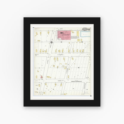 Old map wall art mockup — black gallery frame with white mat — Sanborn Fire Insurance Map from Wauseon, Fulton County, Ohio (1916), Sheet #0011