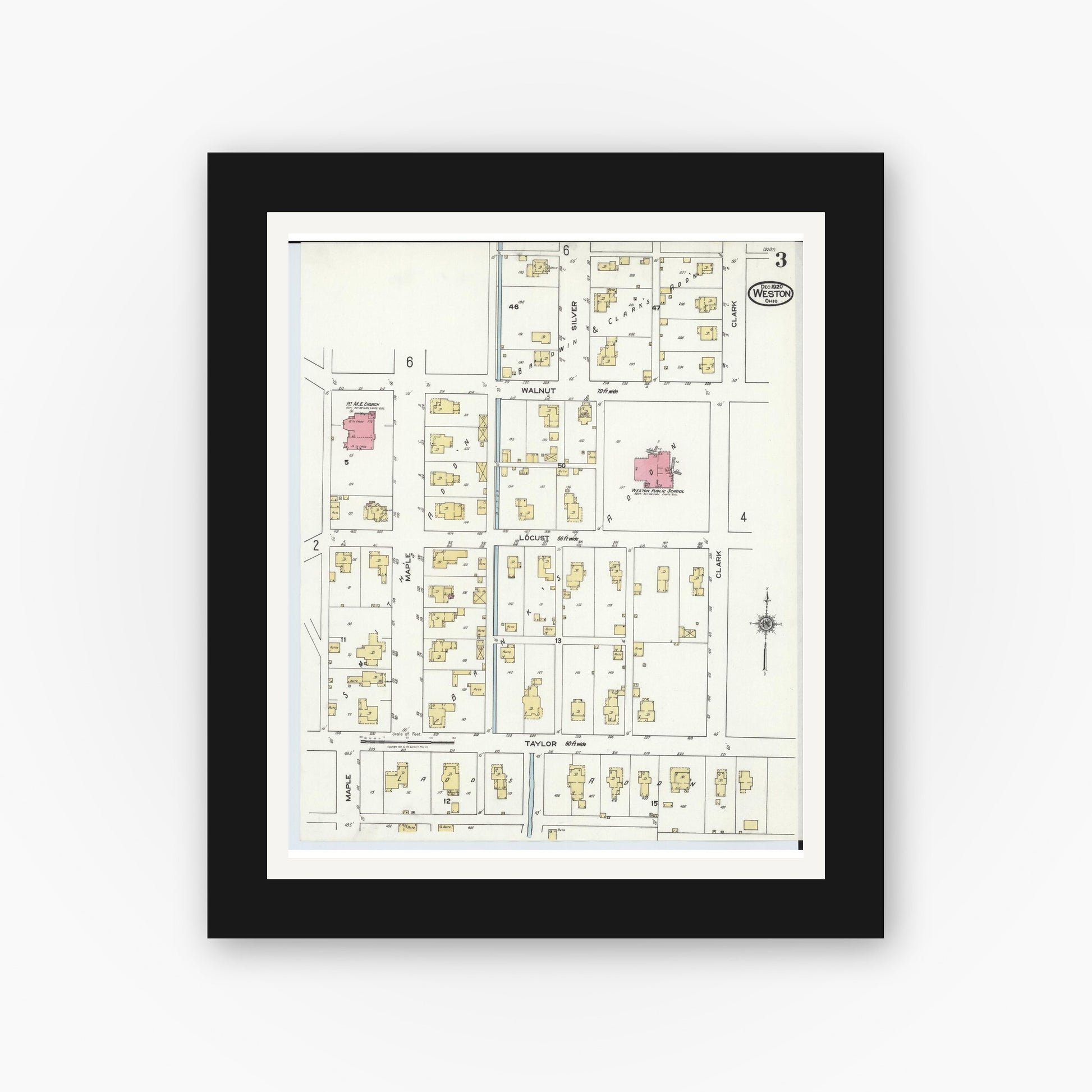 Old map wall art mockup — black gallery frame with white mat — Sanborn Fire Insurance Map from Weston, Wood County, Ohio (1920), Sheet #0003
