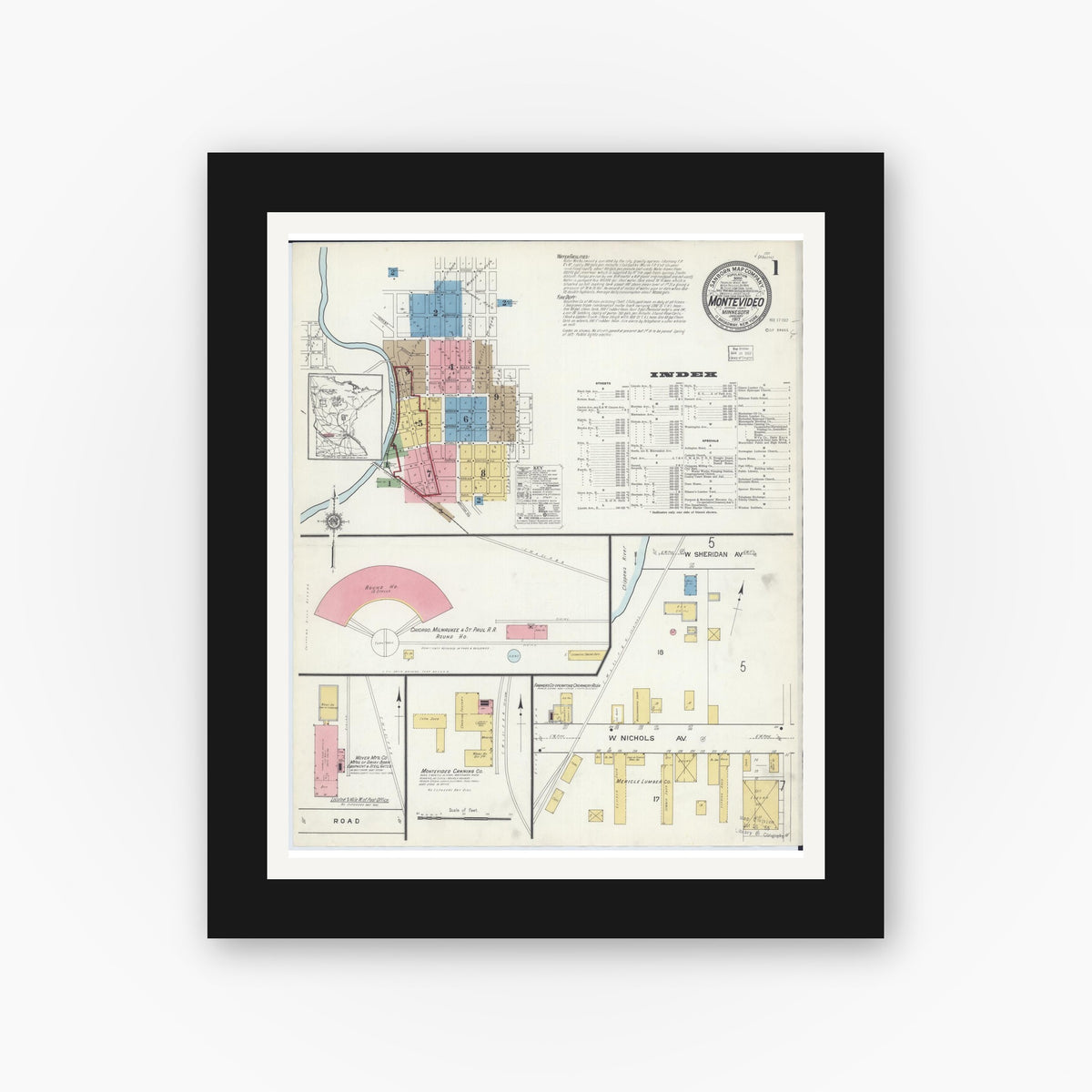 Old map wall art mockup — black gallery frame with white mat — Sanborn Fire Insurance Map from Montevideo, Chippewa County, Minnesota (1917), Sheet #0001