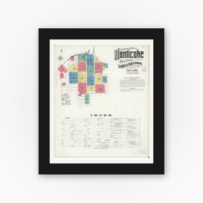 Old map wall art mockup — black gallery frame with white mat — Sanborn Fire Insurance Map from Nanticoke, Luzerne County, Pennsylvania (1907), Sheet #0001