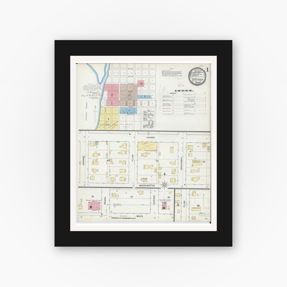 Old map wall art mockup — black gallery frame with white mat — Sanborn Fire Insurance Map from Havana, Mason County, Illinois (1892), Sheet #0001