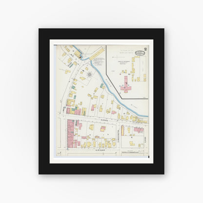 Old map wall art mockup — black gallery frame with white mat — Sanborn Fire Insurance Map from Painesville, Lake County, Ohio (1892), Sheet #0002
