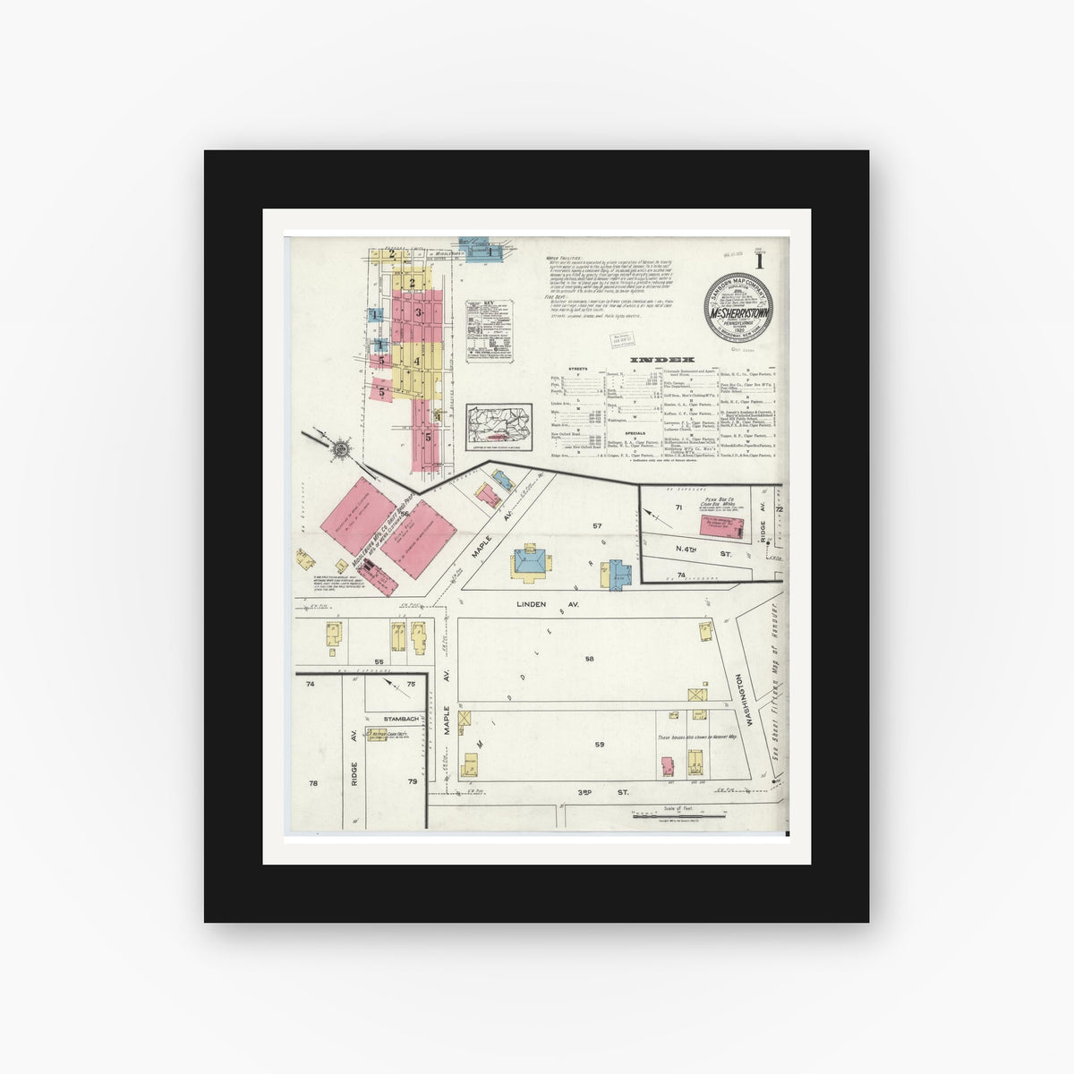 Old map wall art mockup — black gallery frame with white mat — Sanborn Fire Insurance Map from McSherrystown, Adams County, Pennsylvania (1920), Sheet #0001
