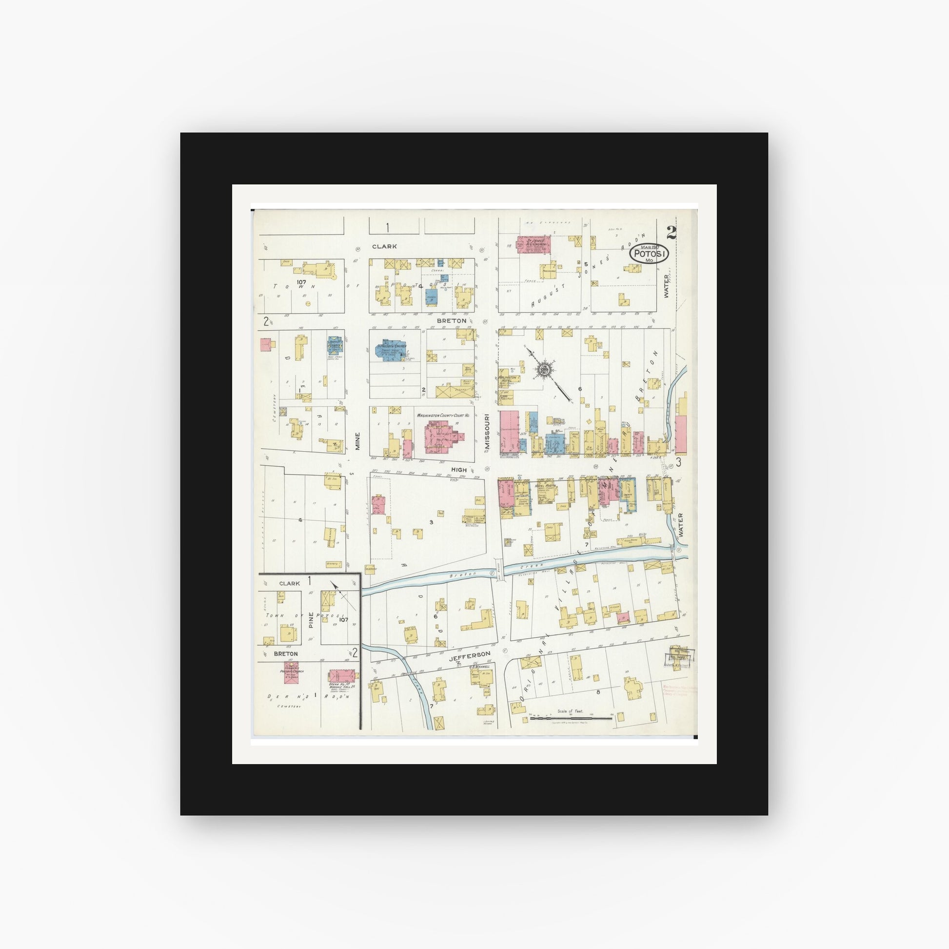 Old map wall art mockup — black gallery frame with white mat — Sanborn Fire Insurance Map from Potosi, Washington County, Missouri (1917), Sheet #0002
