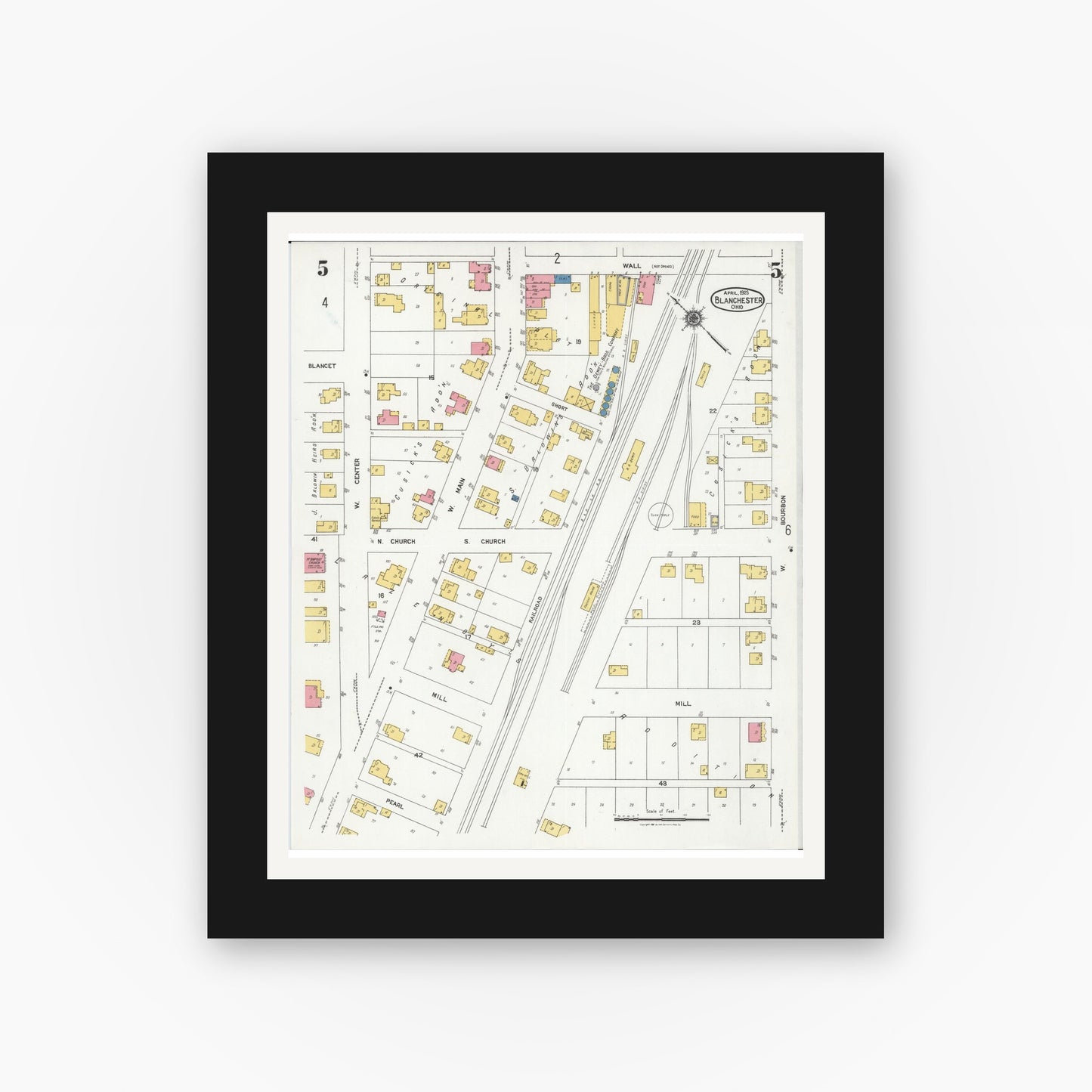Old map wall art mockup — black gallery frame with white mat — Sanborn Fire Insurance Map from Blanchester, Clinton County, Ohio (1925), Sheet #0005