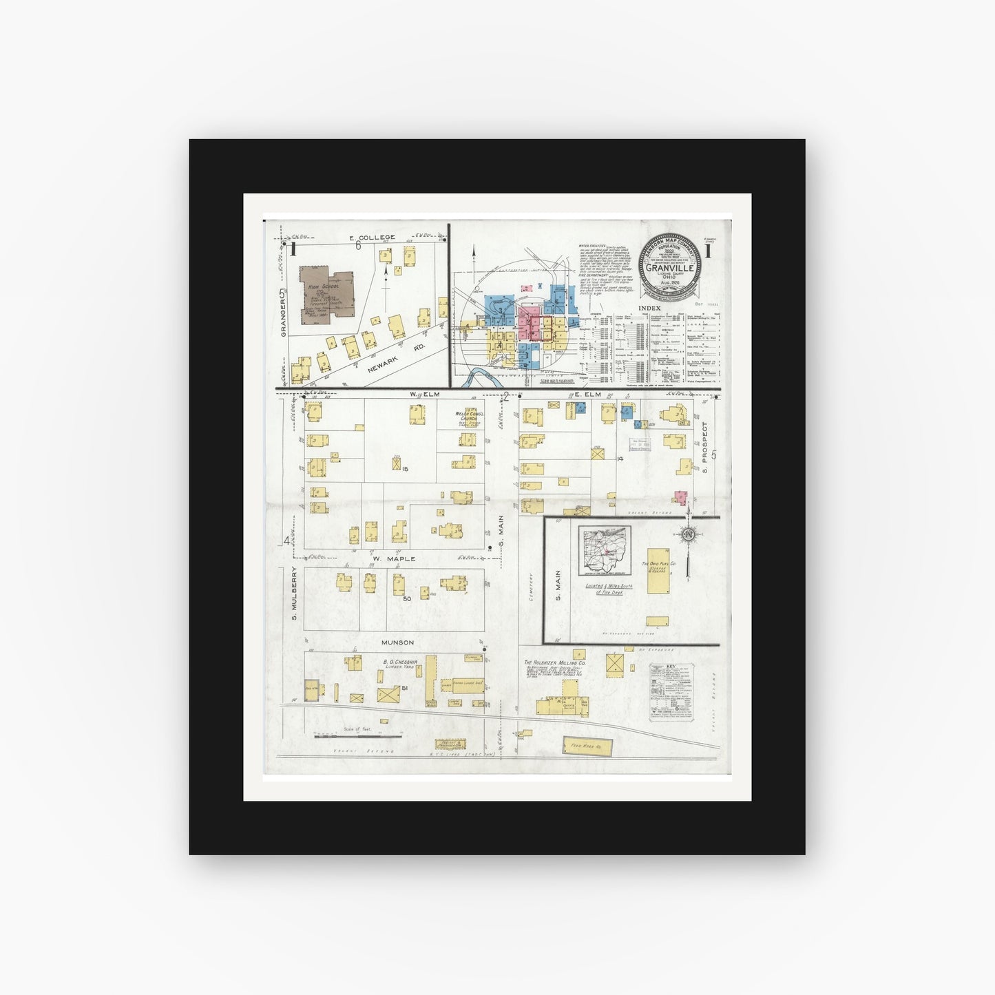 Old map wall art mockup — black gallery frame with white mat — Sanborn Fire Insurance Map from Granville, Licking County, Ohio (1926) - Complete Map Set