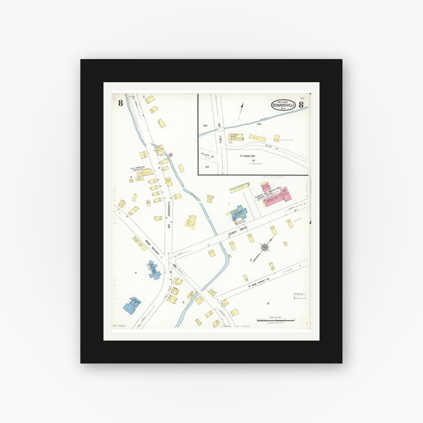 Old map wall art mockup — black gallery frame with white mat — Sanborn Fire Insurance Map from Bernardsville, Somerset County, New Jersey (1923), Sheet #0008