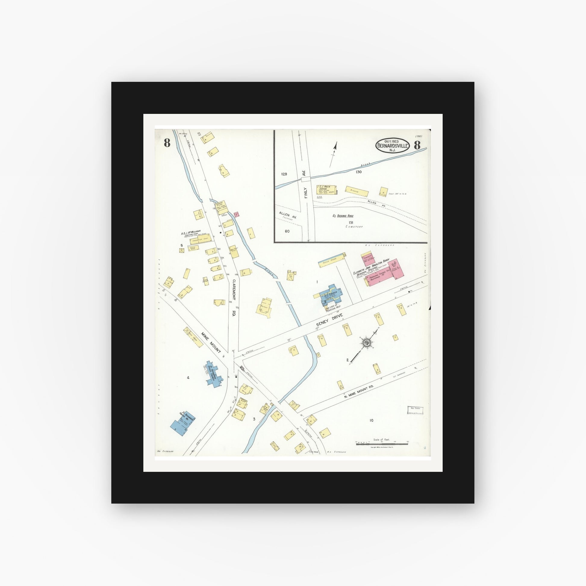 Old map wall art mockup — black gallery frame with white mat — Sanborn Fire Insurance Map from Bernardsville, Somerset County, New Jersey (1923), Sheet #0008