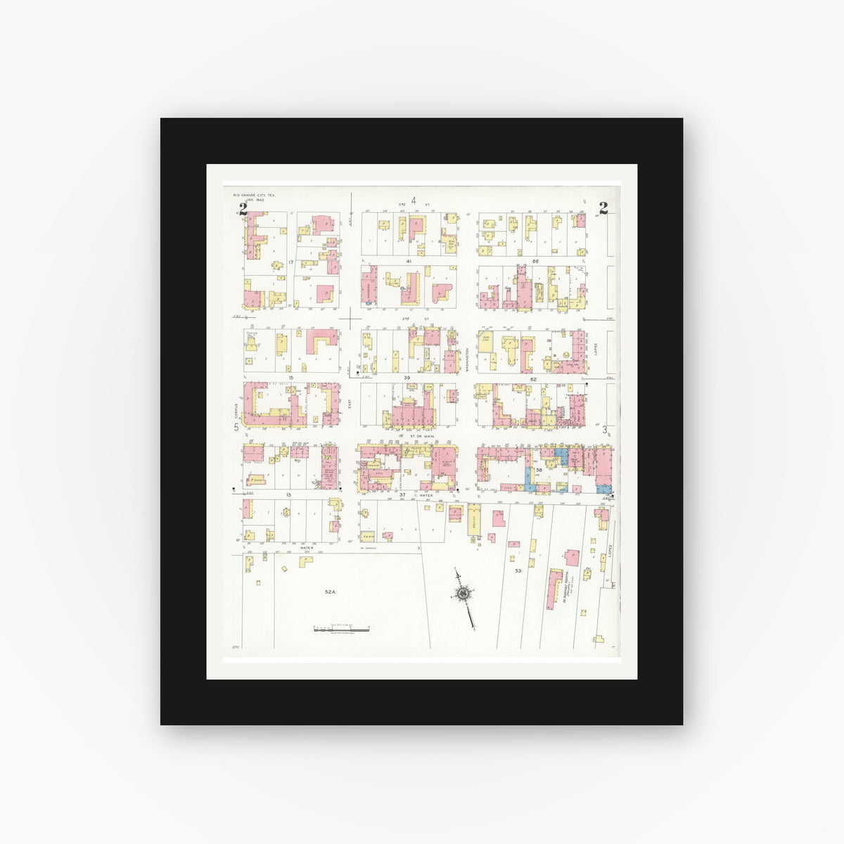 Old map wall art mockup — black gallery frame with white mat — Sanborn Fire Insurance Map from Rio Grande City, Starr County, Texas (1940), Sheet #0002
