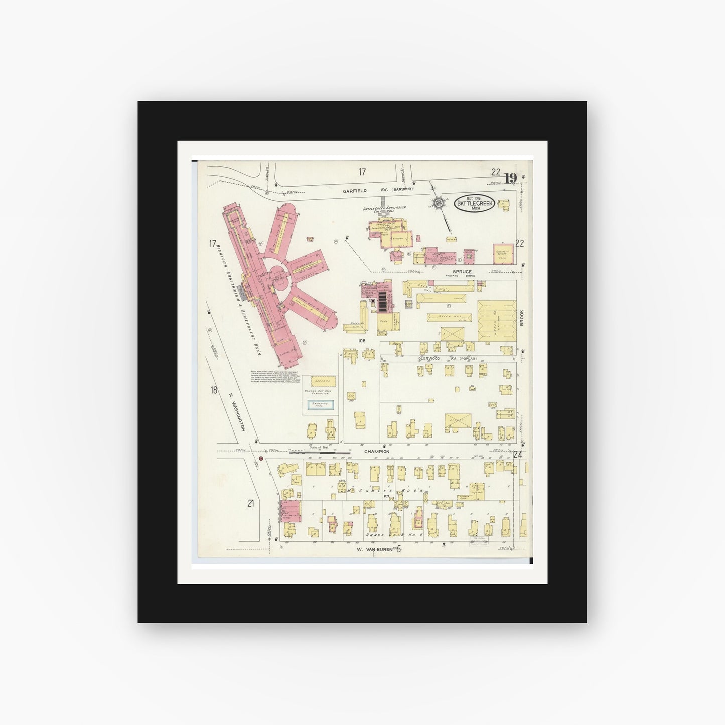 Old map wall art mockup — black gallery frame with white mat — Sanborn Fire Insurance Map from Battle Creek, Calhoun County, Michigan (1913), Sheet #0019