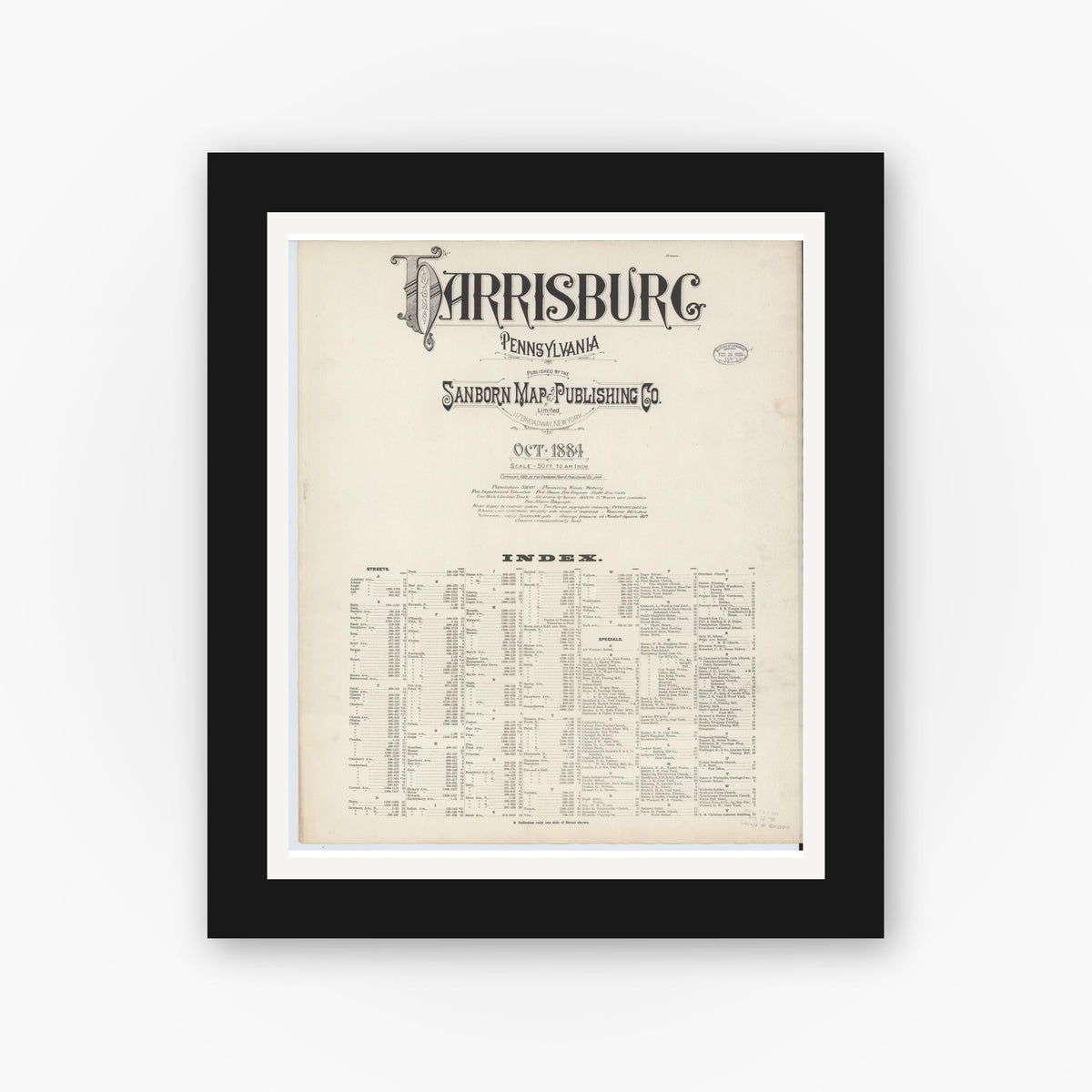 Old map wall art mockup — black gallery frame with white mat — Sanborn Fire Insurance Map from Harrisburg, Dauphin County, Pennsylvania (1884), Sheet #0001