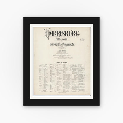 Old map wall art mockup — black gallery frame with white mat — Sanborn Fire Insurance Map from Harrisburg, Dauphin County, Pennsylvania (1884), Sheet #0001