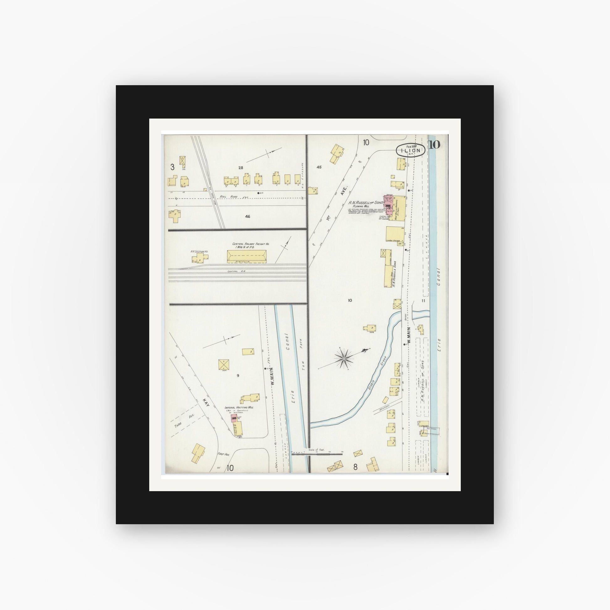 Old map wall art mockup — black gallery frame with white mat — Sanborn Fire Insurance Map from Ilion, Herkimer County, New York (1897), Sheet #0010