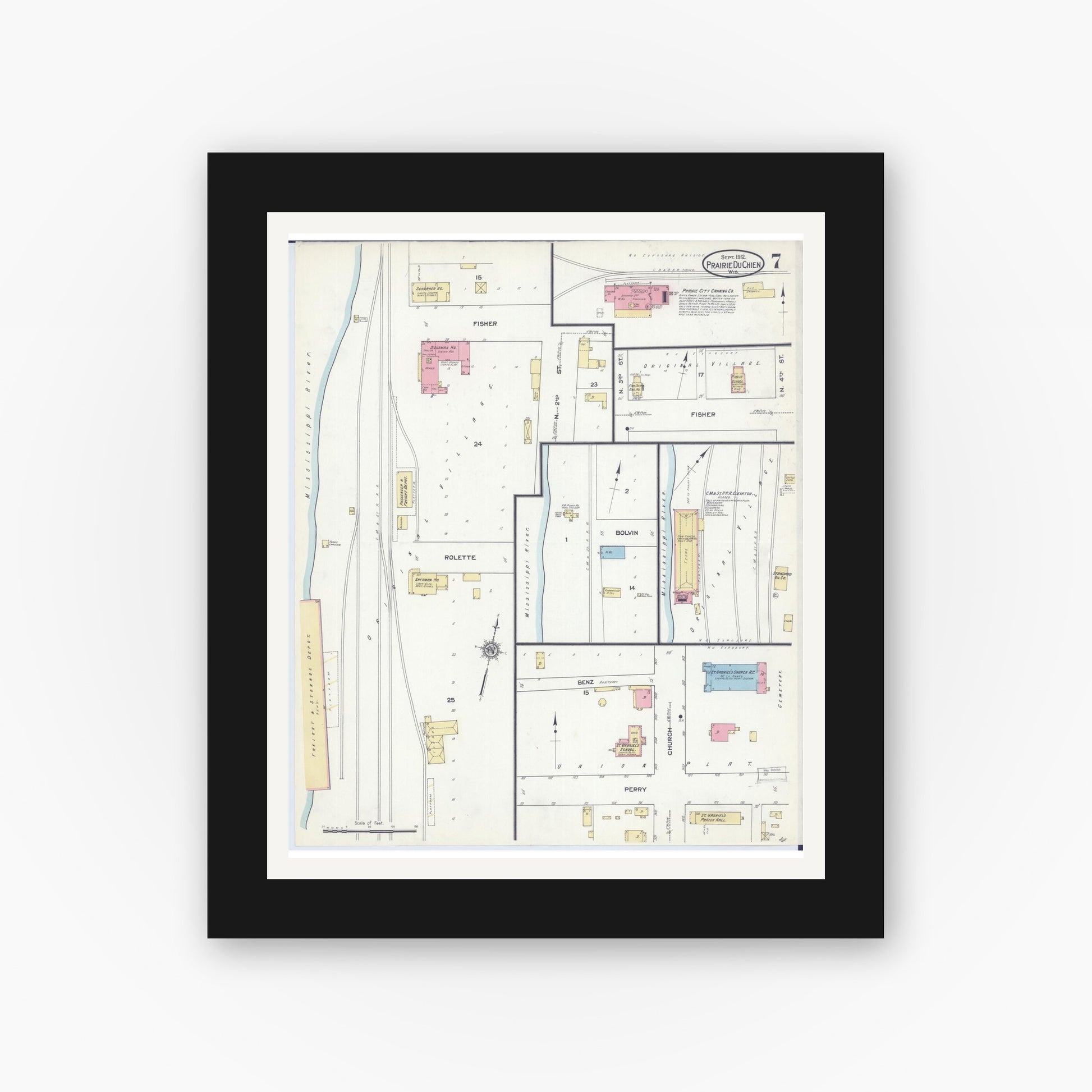 Old map wall art mockup — black gallery frame with white mat — Sanborn Fire Insurance Map from Prairie du Chien, Crawford County, Wisconsin (1912), Sheet #0007