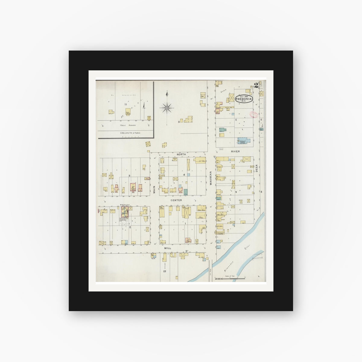 Old map wall art mockup — black gallery frame with white mat — Sanborn Fire Insurance Map from Fredonia, Ozaukee County, Wisconsin (1894), Sheet #0002
