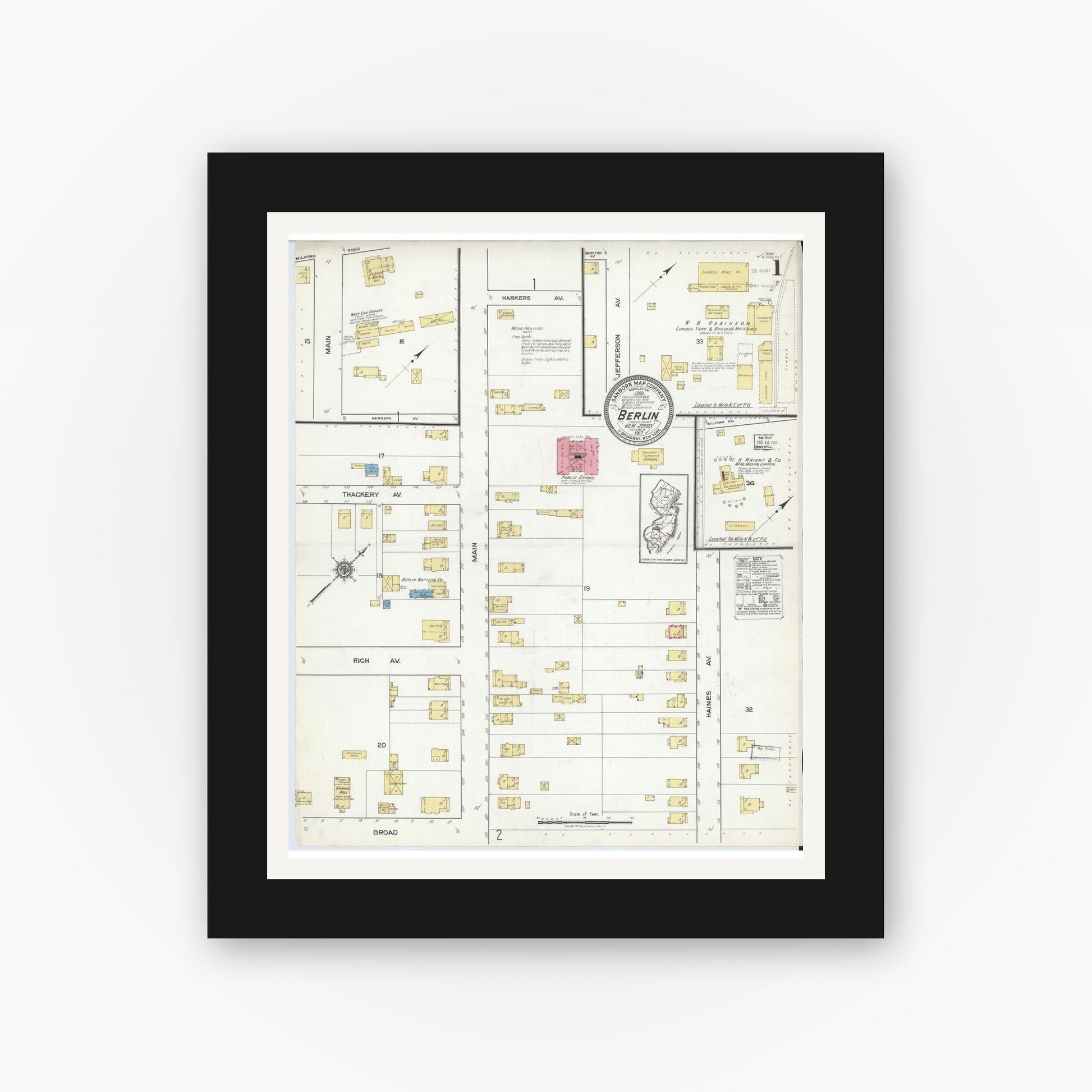 Old map wall art mockup — black gallery frame with white mat — Sanborn Fire Insurance Map from Berlin, Camden County, New Jersey (1917) - Complete Map Set