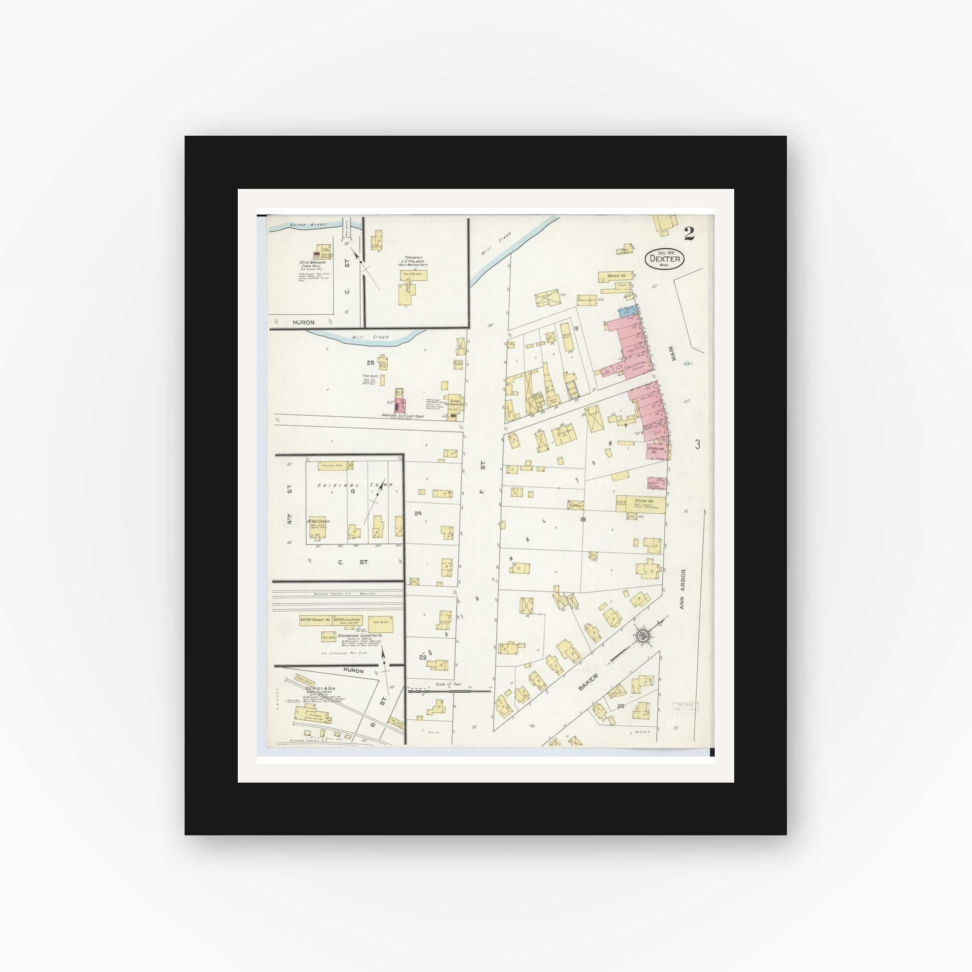 Old map wall art mockup — black gallery frame with white mat — Sanborn Fire Insurance Map from Dexter, Washtenaw County, Michigan (1912), Sheet #0002