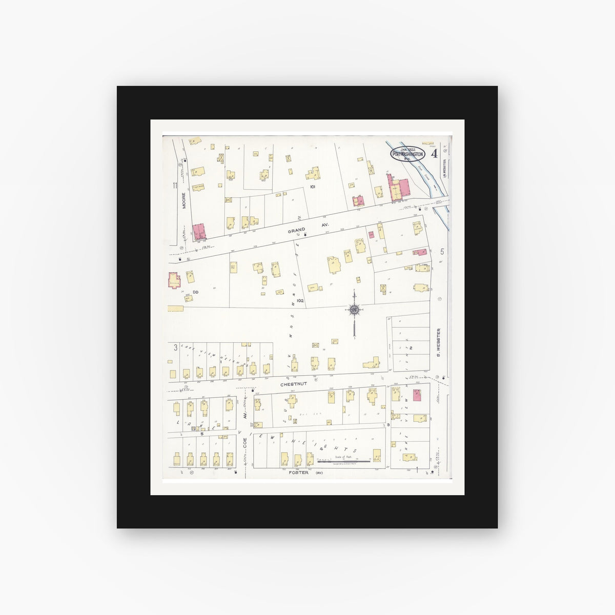 Old map wall art mockup — black gallery frame with white mat — Sanborn Fire Insurance Map from Port Washington, Ozaukee County, Wisconsin (1922), Sheet #0004