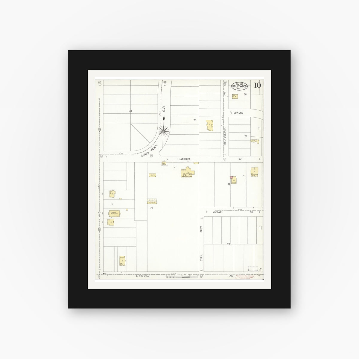 Old map wall art mockup — black gallery frame with white mat — Sanborn Fire Insurance Map from Hollywood, Los Angeles County, California (1907), Sheet #0010