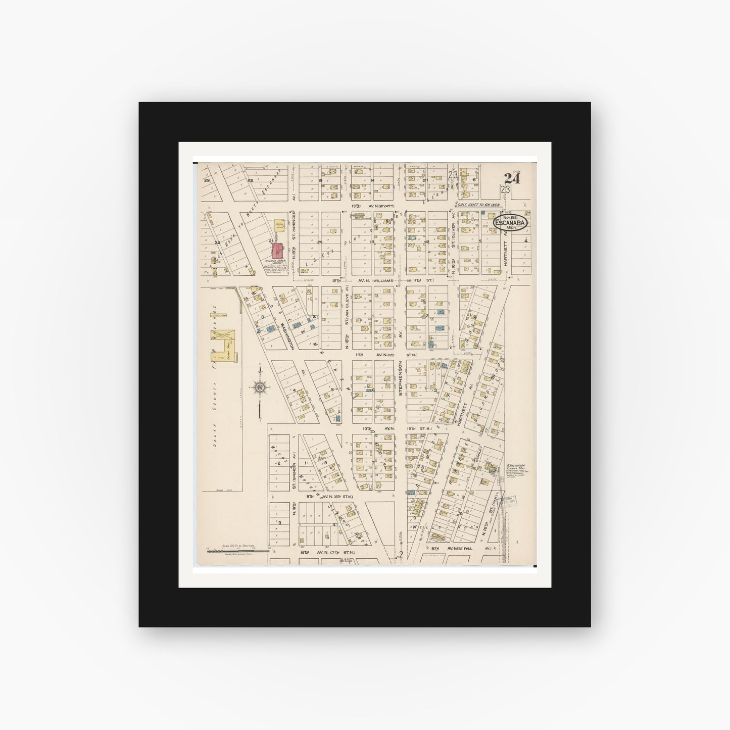 Old map wall art mockup — black gallery frame with white mat — Sanborn Fire Insurance Map from Escanaba, Delta County, Michigan (1921), Sheet #0024