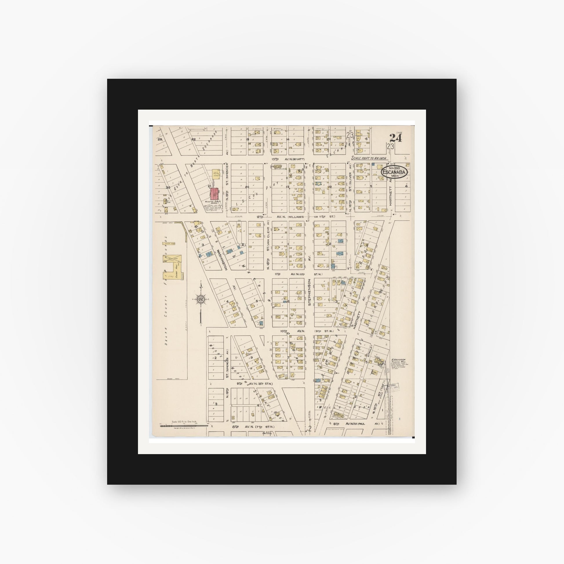 Old map wall art mockup — black gallery frame with white mat — Sanborn Fire Insurance Map from Escanaba, Delta County, Michigan (1921), Sheet #0024