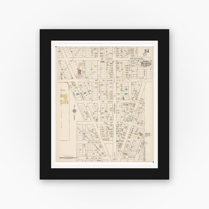 Old map wall art mockup — black gallery frame with white mat — Sanborn Fire Insurance Map from Escanaba, Delta County, Michigan (1921), Sheet #0024