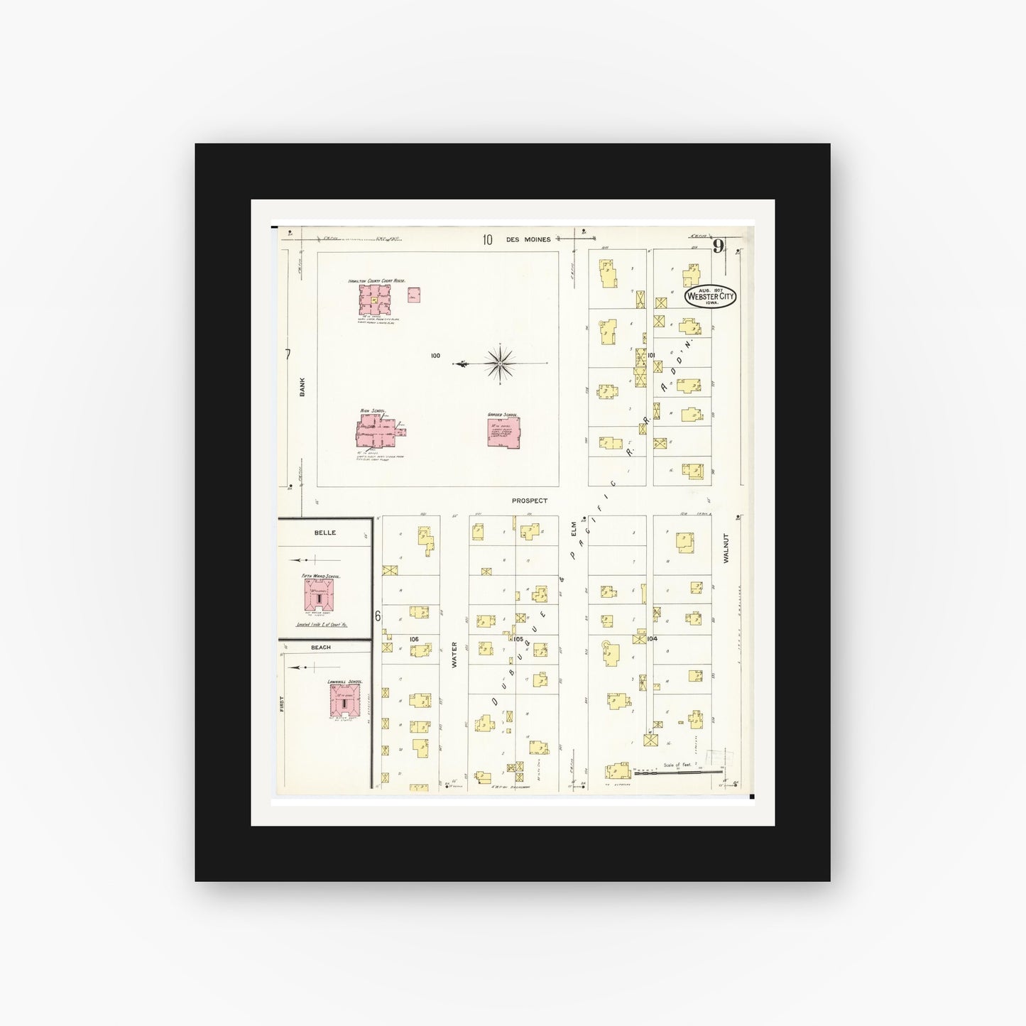 Old map wall art mockup — black gallery frame with white mat — Sanborn Fire Insurance Map from Webster City, Hamilton County, Iowa (1907), Sheet #0009