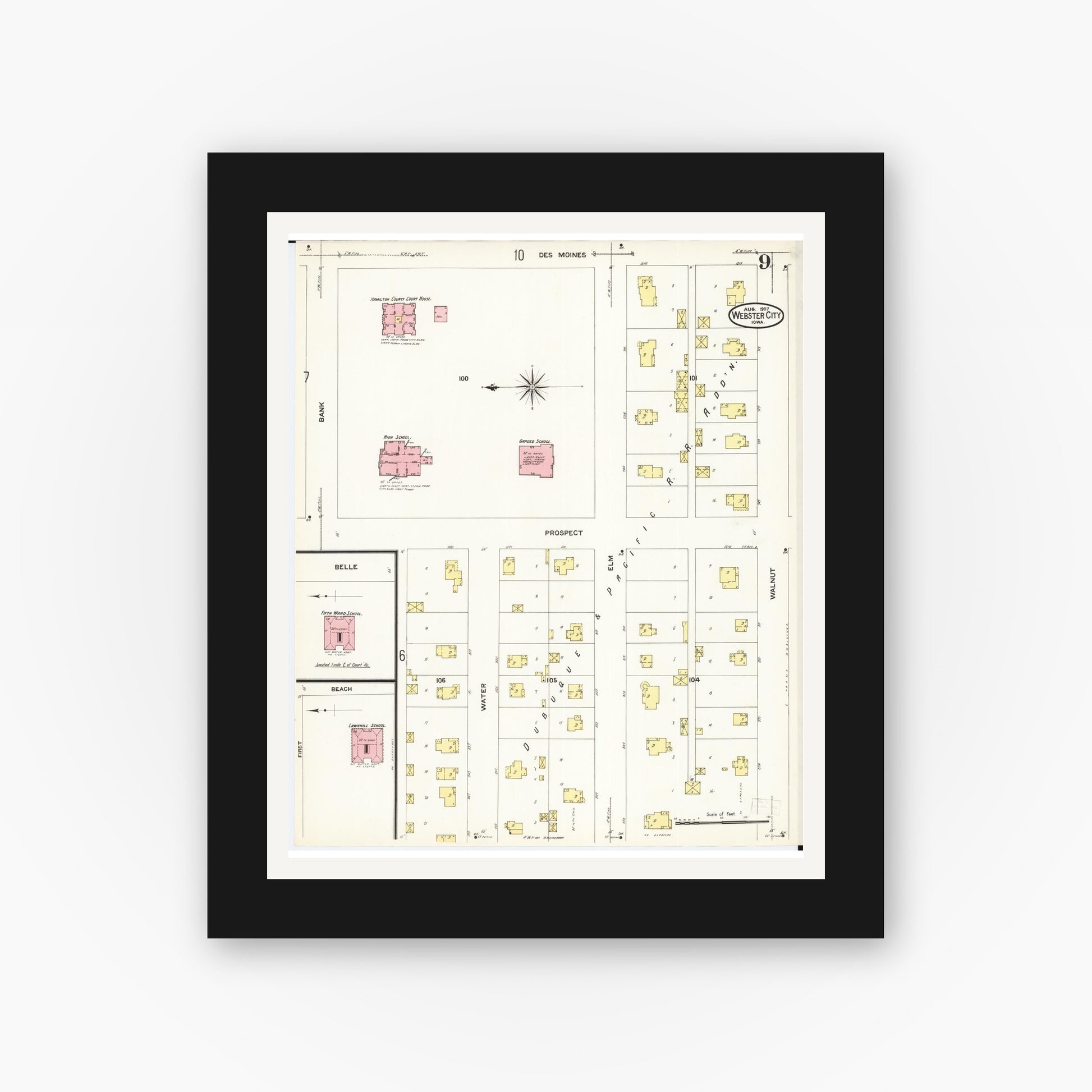 Old map wall art mockup — black gallery frame with white mat — Sanborn Fire Insurance Map from Webster City, Hamilton County, Iowa (1907), Sheet #0009