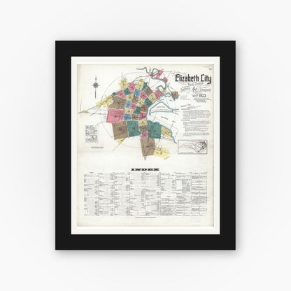 Old map wall art mockup — black gallery frame with white mat — Sanborn Fire Insurance Map from Elizabeth City, Pasquotank County, North Carolina (1923) - Complete Map Set