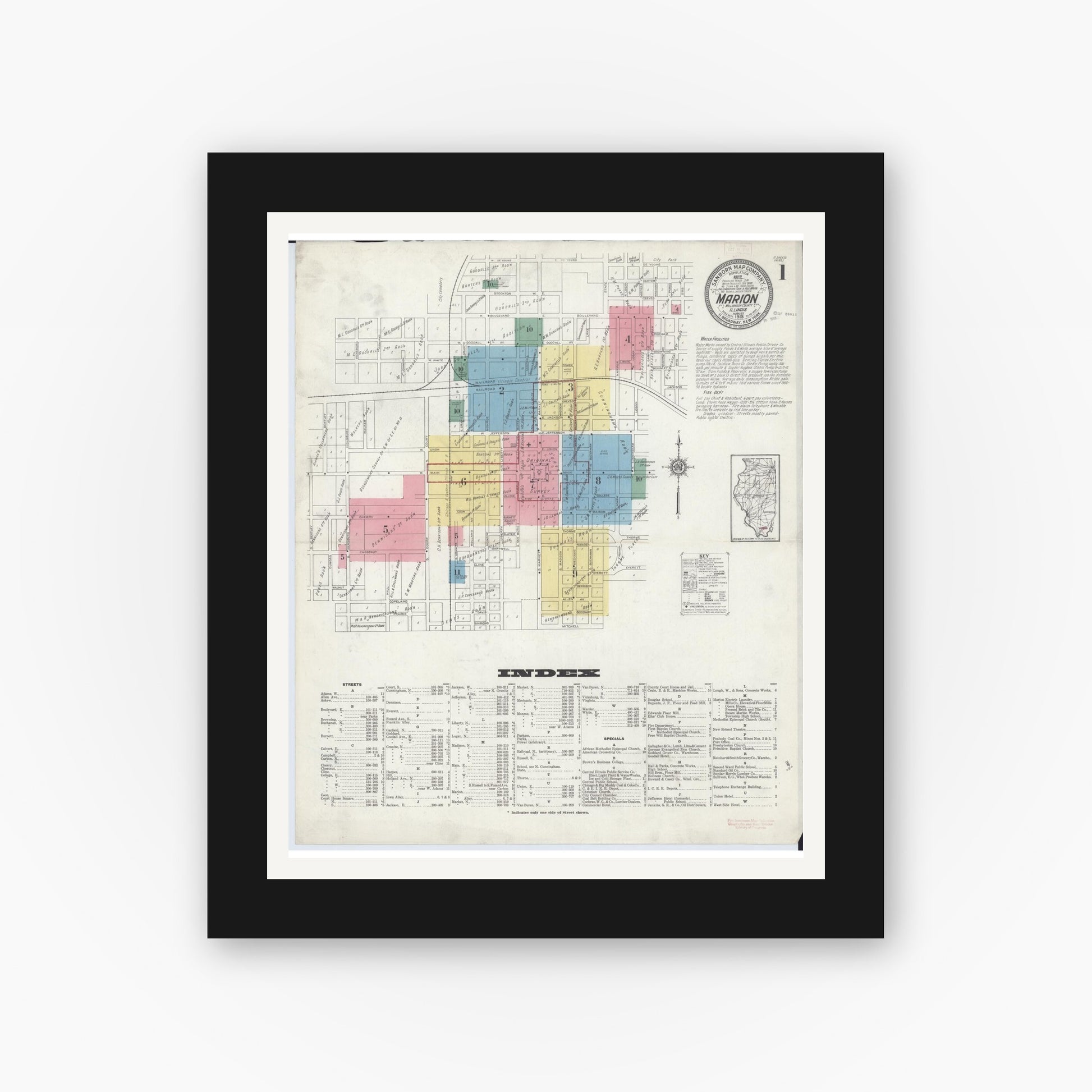 Old map wall art mockup — black gallery frame with white mat — Sanborn Fire Insurance Map from Marion, Williamson County, Illinois (1913) - Complete Map Set
