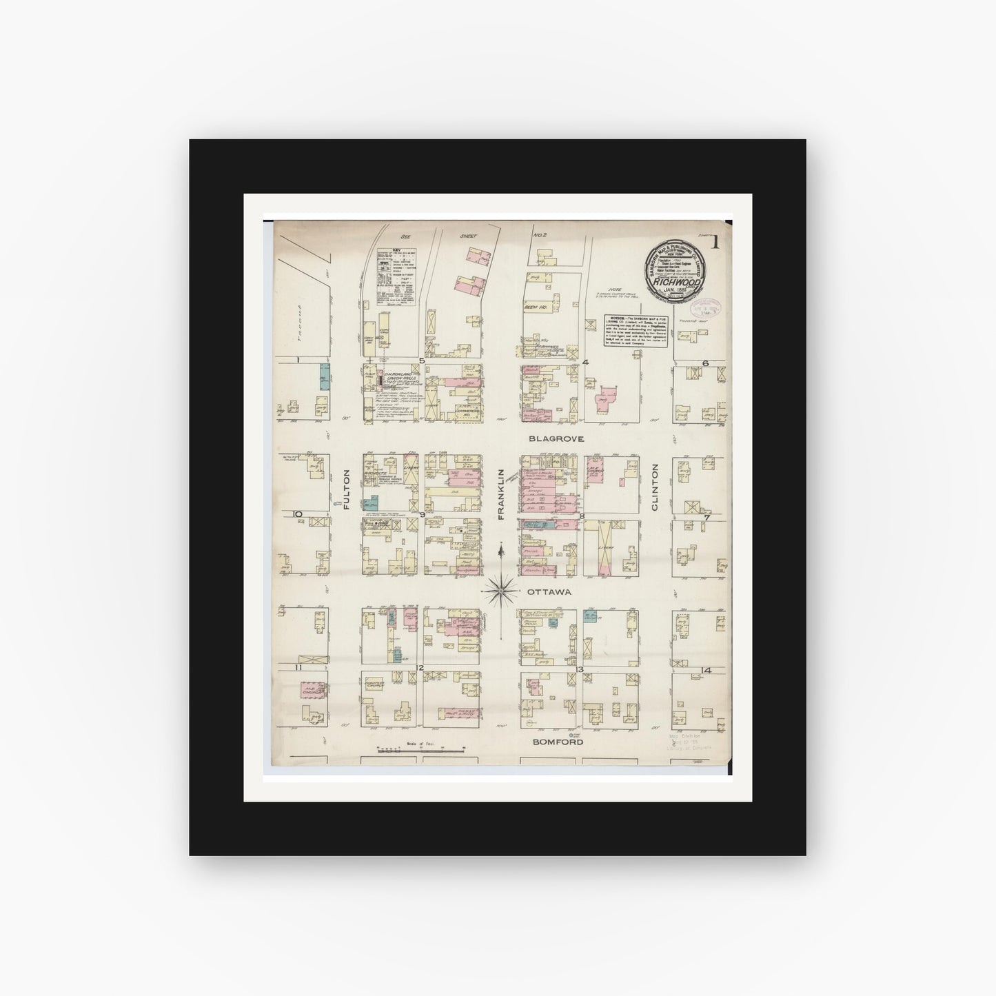 Old map wall art mockup — black gallery frame with white mat — Sanborn Fire Insurance Map from Richwood, Union County, Ohio (1885) - Complete Map Set