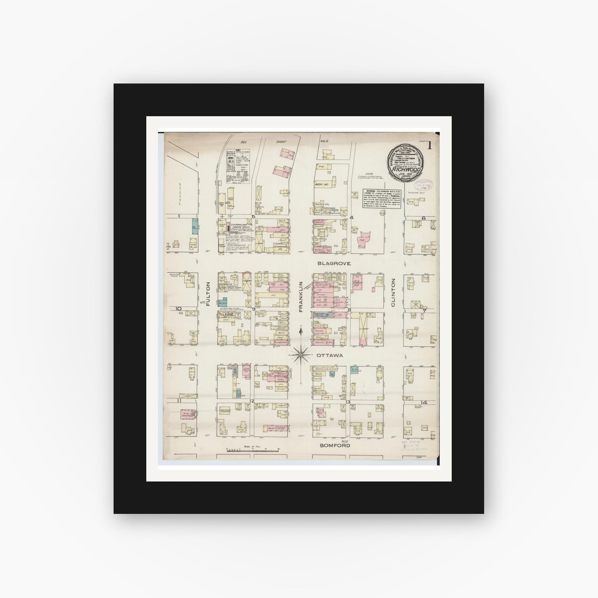 Old map wall art mockup — black gallery frame with white mat — Sanborn Fire Insurance Map from Richwood, Union County, Ohio (1885) - Complete Map Set