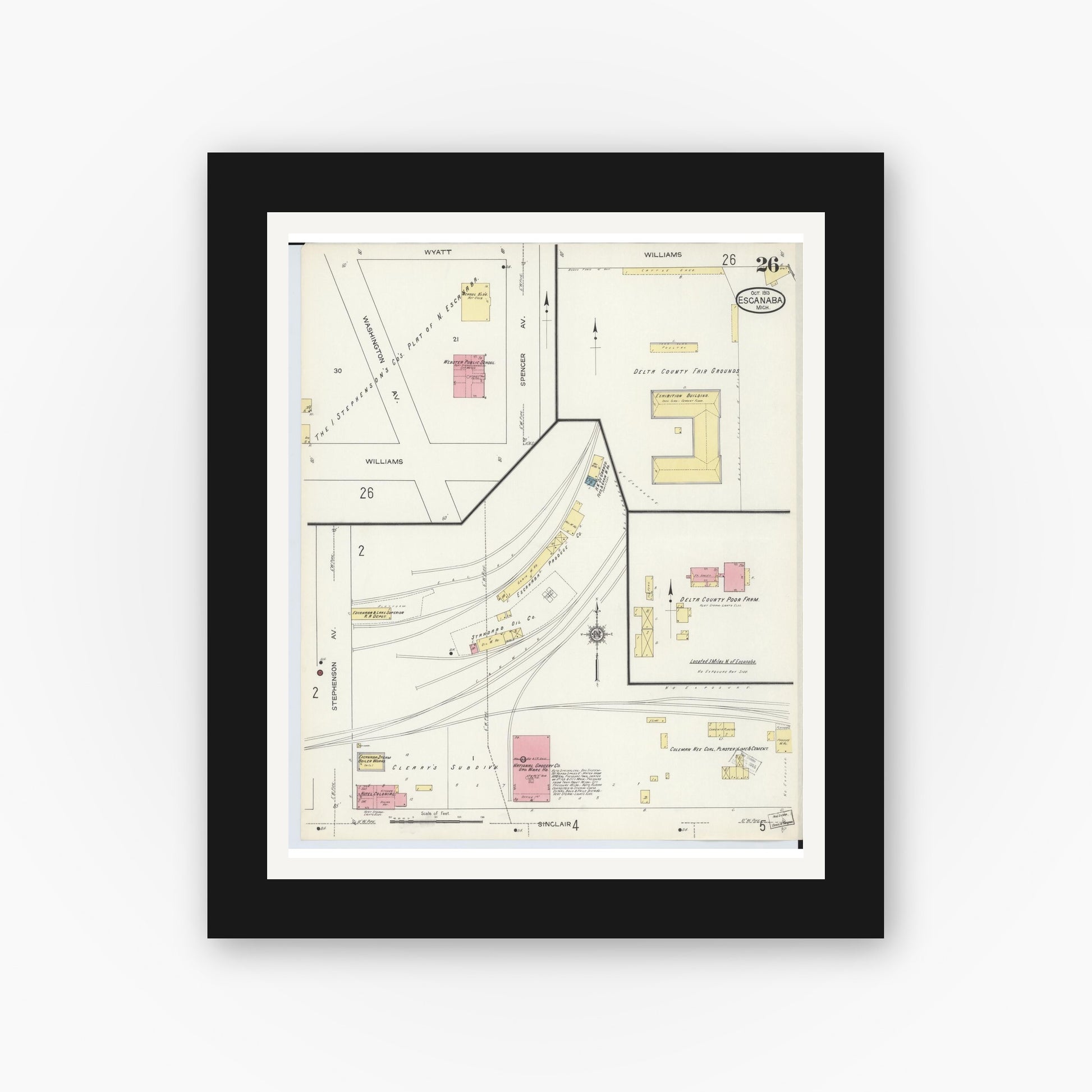 Old map wall art mockup — black gallery frame with white mat — Sanborn Fire Insurance Map from Escanaba, Delta County, Michigan (1913), Sheet #0026