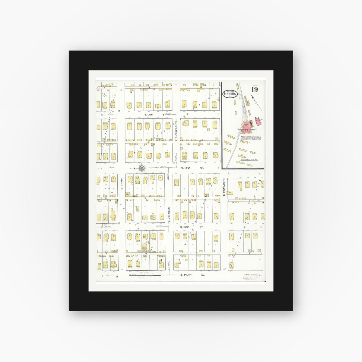 Old map wall art mockup — black gallery frame with white mat — Sanborn Fire Insurance Map from Herrin, Williamson County, Illinois (1922), Sheet #0019