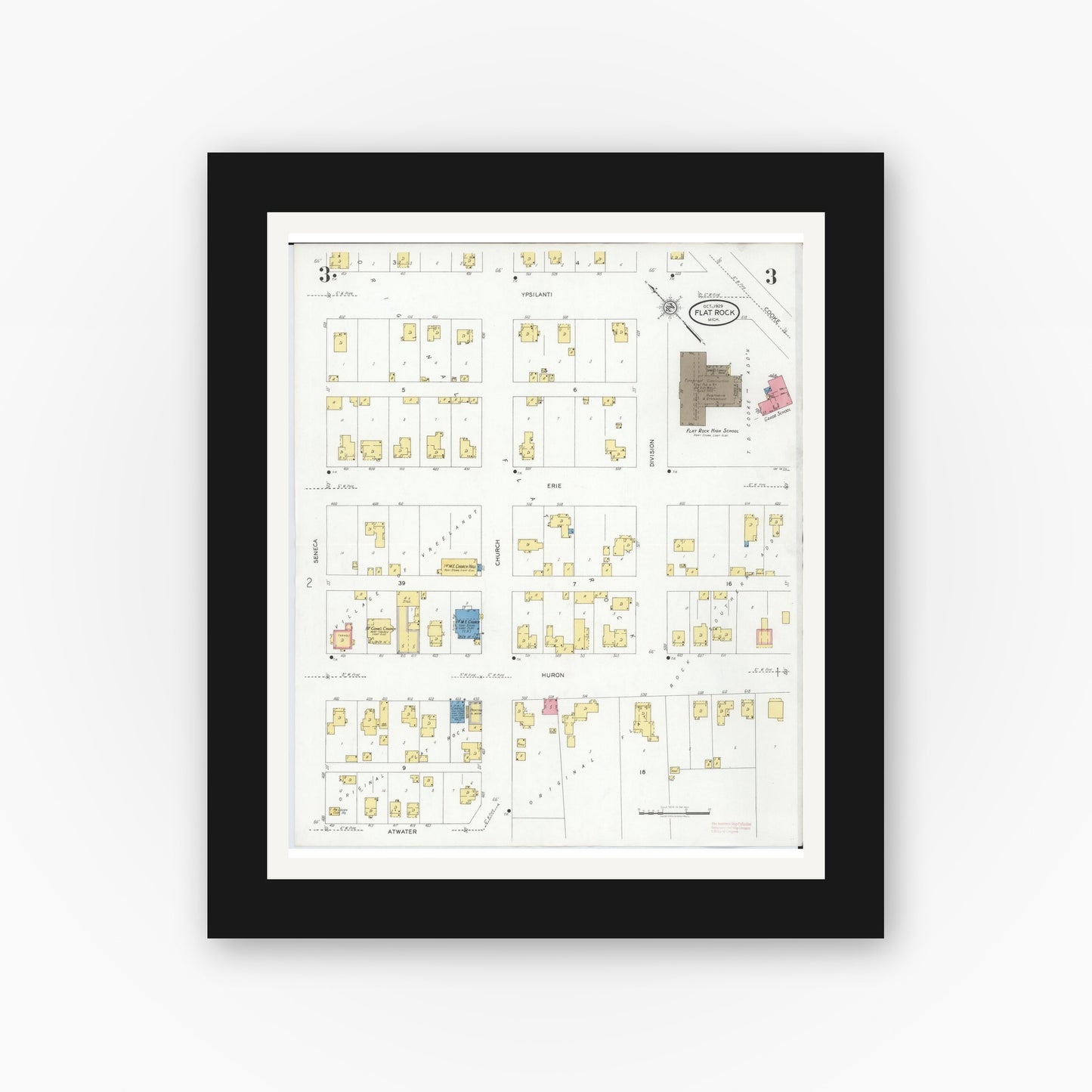 Old map wall art mockup — black gallery frame with white mat — Sanborn Fire Insurance Map from Flat Rock, Wayne County, Michigan (1929), Sheet #0003