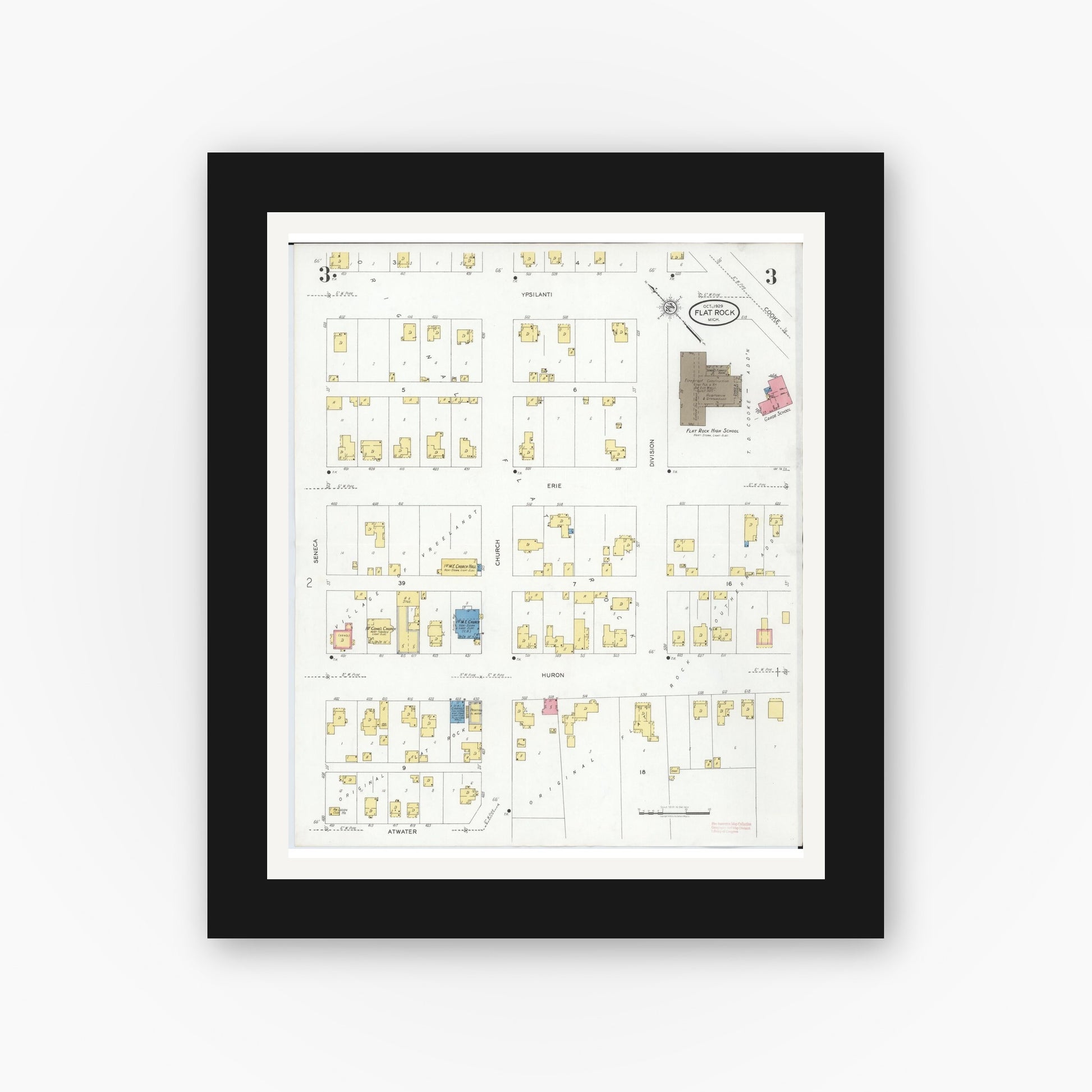 Old map wall art mockup — black gallery frame with white mat — Sanborn Fire Insurance Map from Flat Rock, Wayne County, Michigan (1929), Sheet #0003